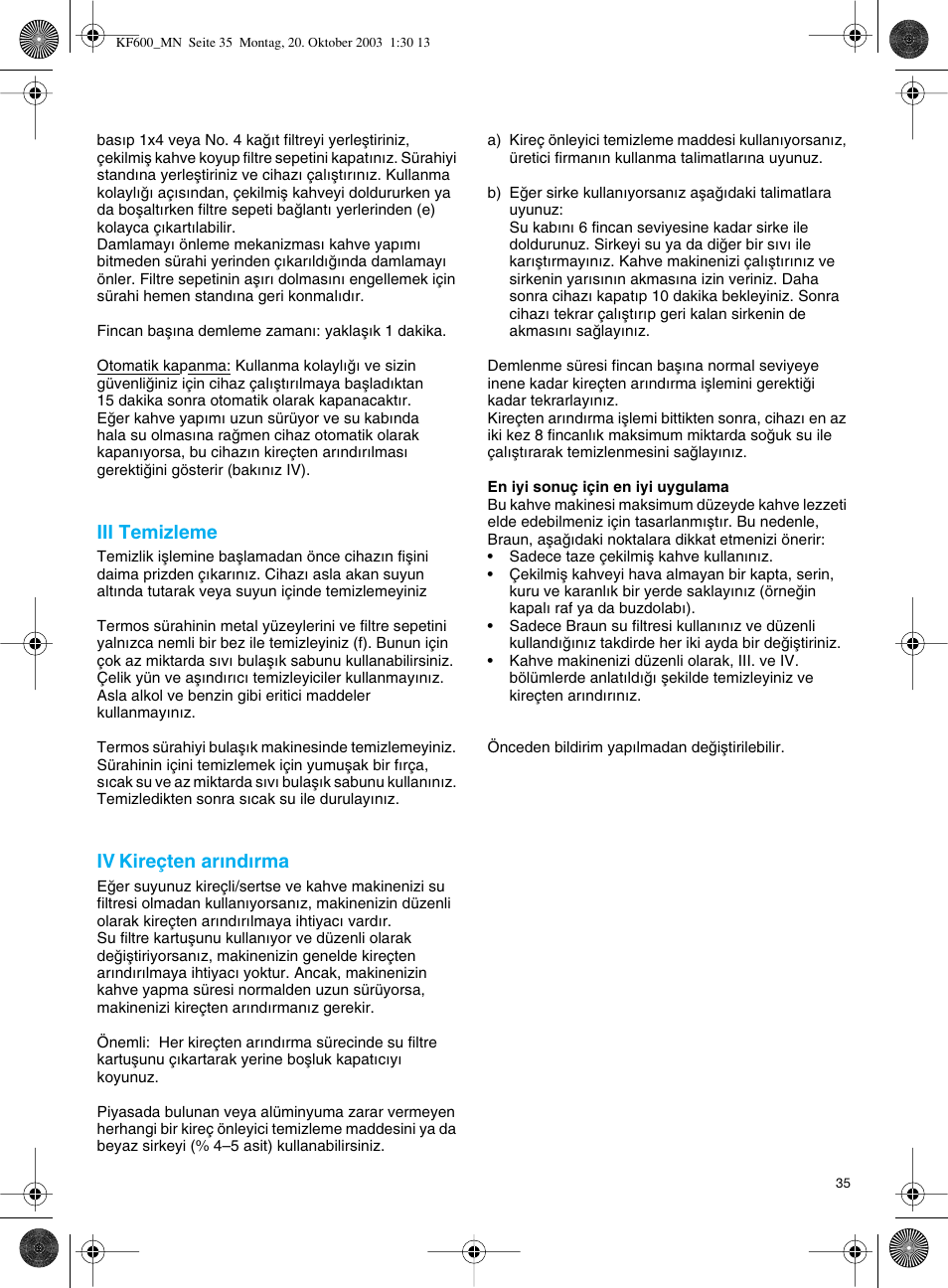 Iii temizleme, Iv kireçten ar∂nd∂rma | Braun TYPE 3106 User Manual | Page 35 / 54