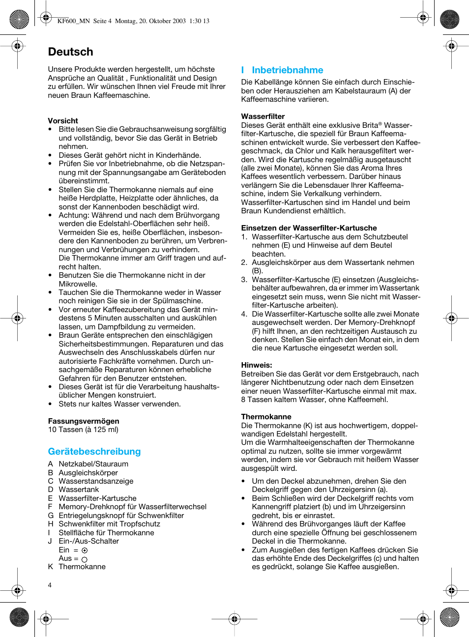 Deutsch, Gerätebeschreibung, I inbetriebnahme | Braun TYPE 3106 User Manual | Page 4 / 54