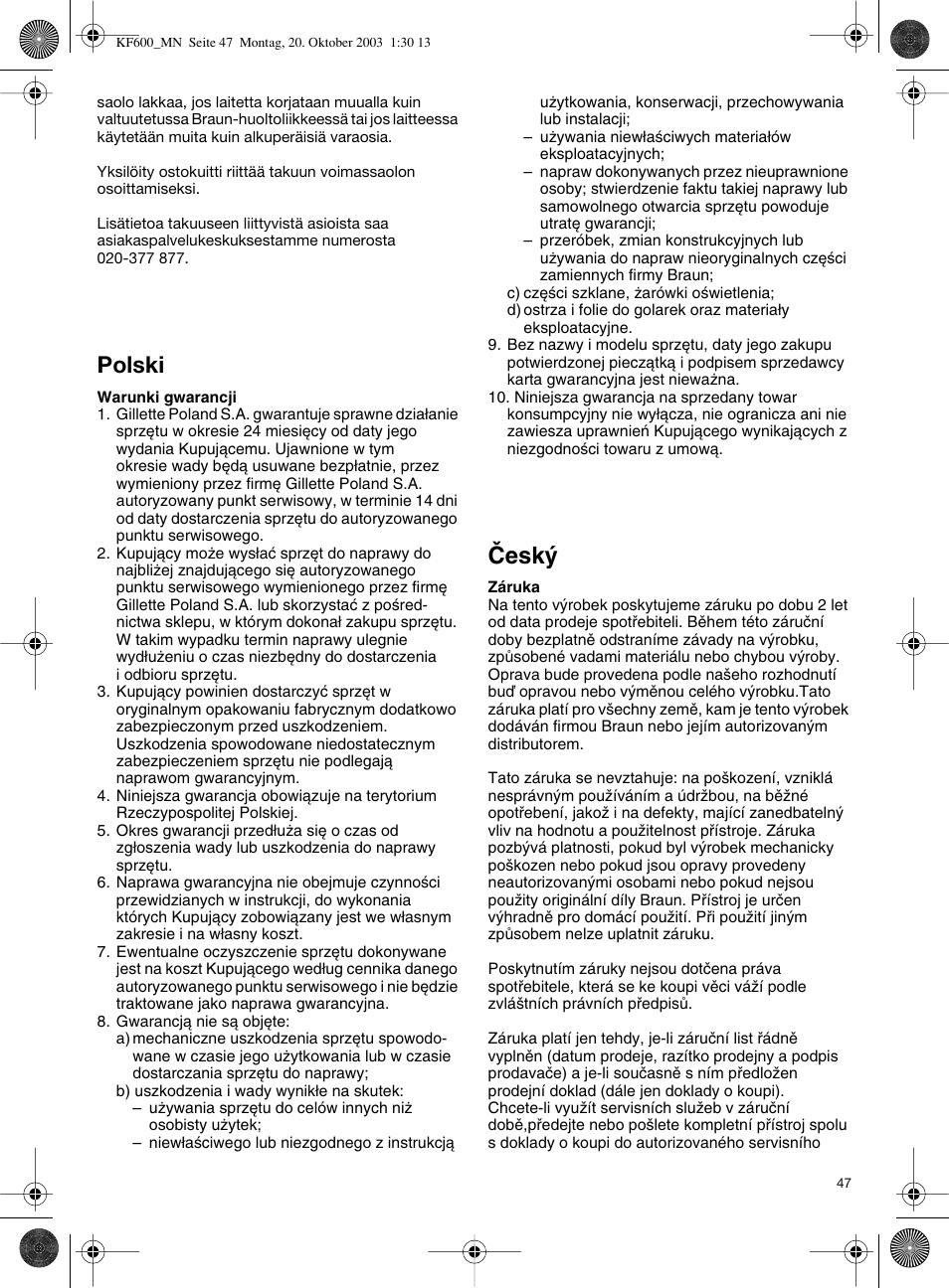 Polski, Âesk | Braun TYPE 3106 User Manual | Page 47 / 54