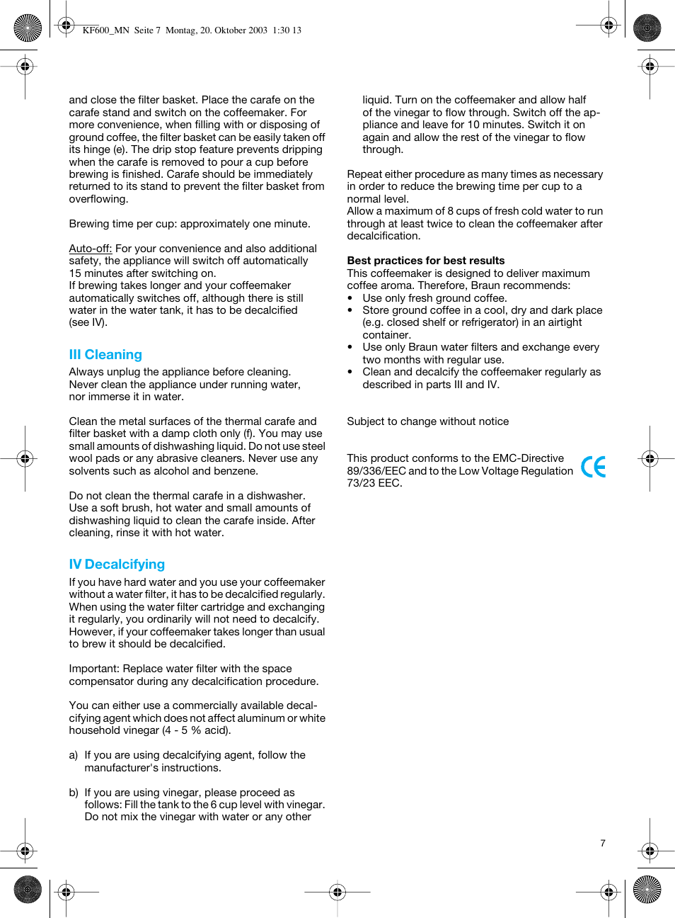 Iii cleaning, Iv decalcifying | Braun TYPE 3106 User Manual | Page 7 / 54