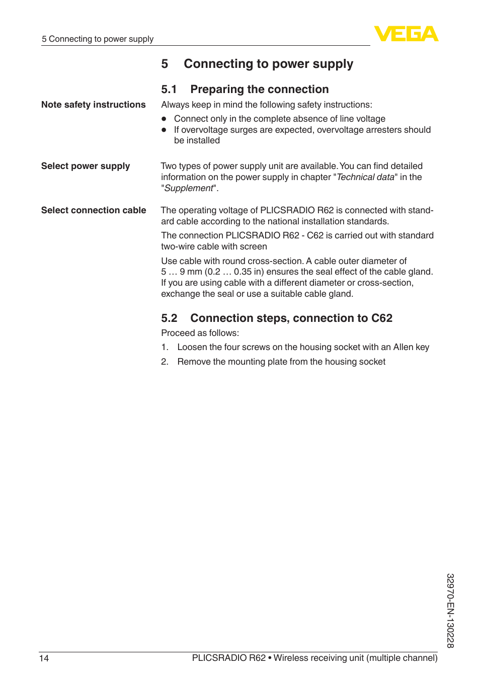 5 connecting to power supply | VEGA PLICSRADIO R62 Wireless receiving unit User Manual | Page 14 / 40