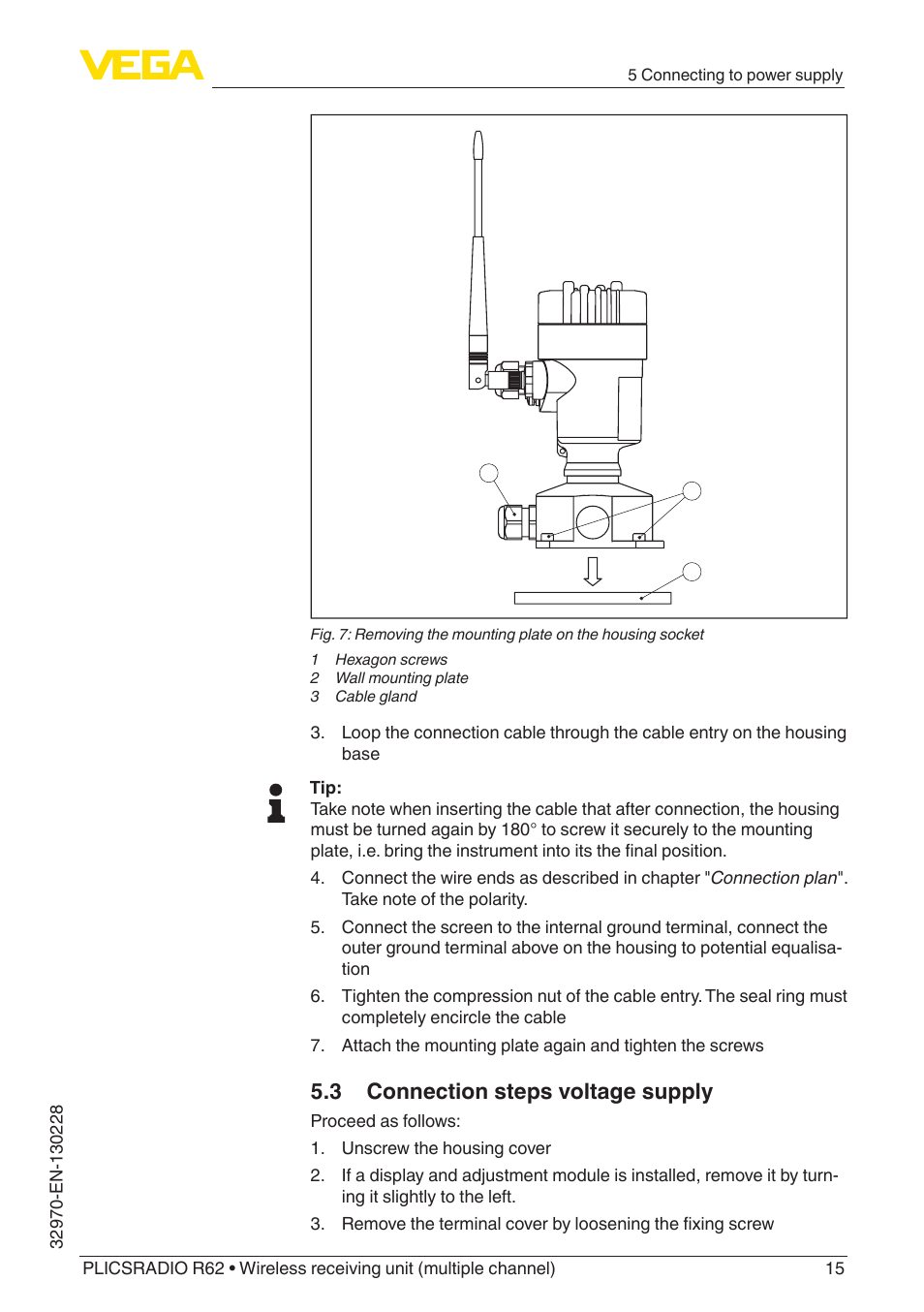 3 connection steps voltage supply | VEGA PLICSRADIO R62 Wireless receiving unit User Manual | Page 15 / 40