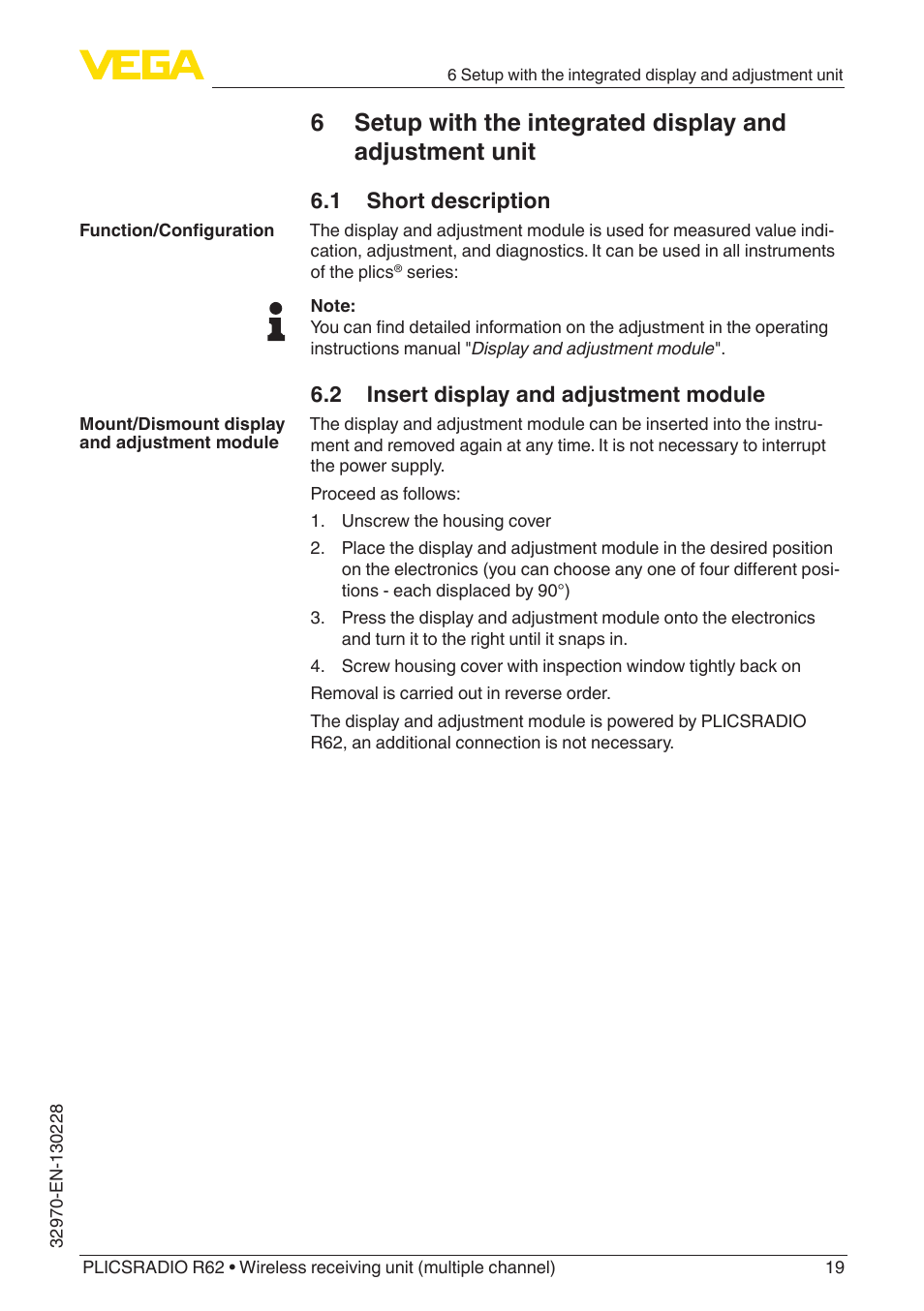 1 short description, 2 insert display and adjustment module | VEGA PLICSRADIO R62 Wireless receiving unit User Manual | Page 19 / 40