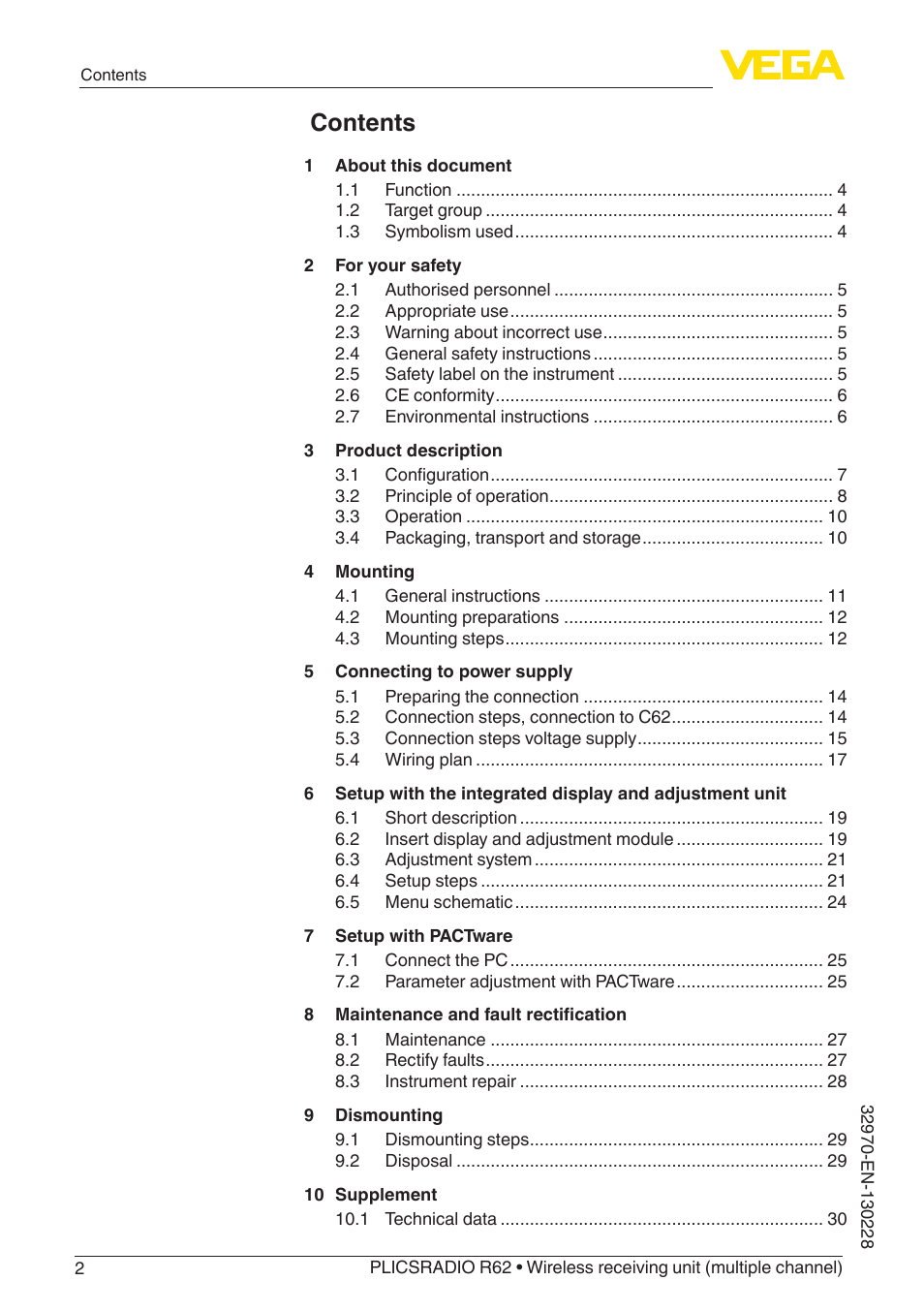 VEGA PLICSRADIO R62 Wireless receiving unit User Manual | Page 2 / 40
