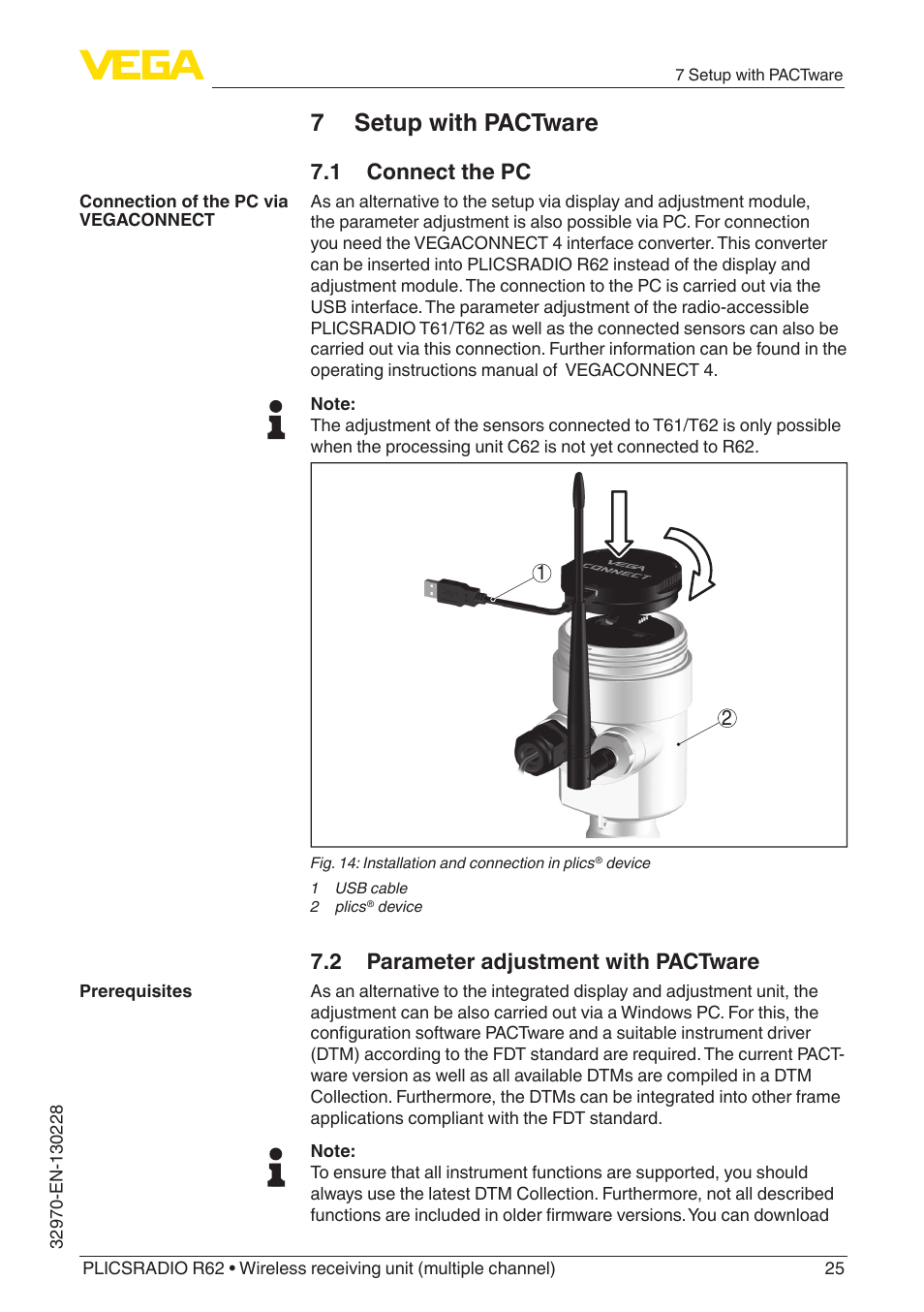 7 setup with pactware, 1 connect the pc, 2 parameter adjustment with pactware | VEGA PLICSRADIO R62 Wireless receiving unit User Manual | Page 25 / 40