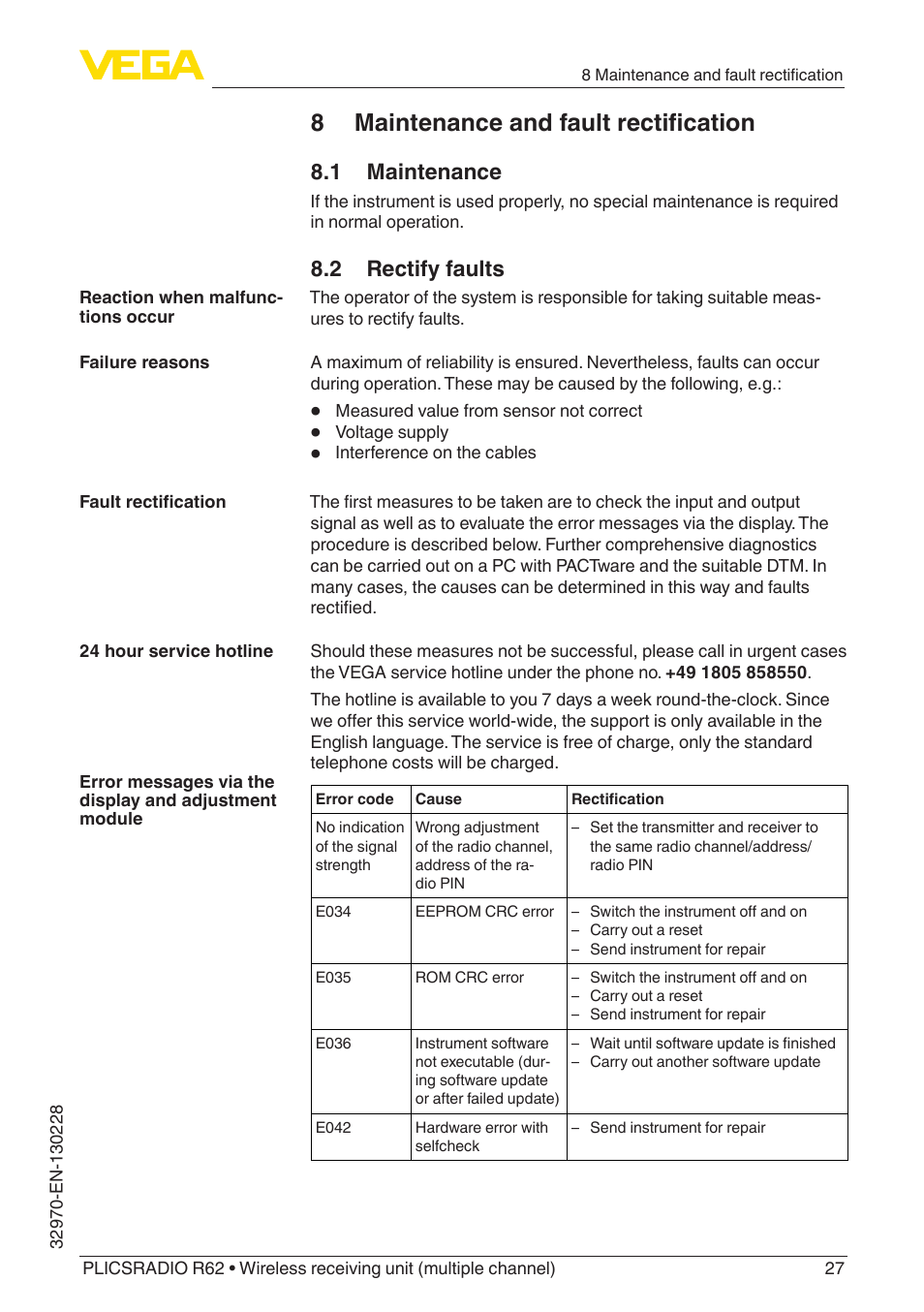 8 maintenance and fault rectification, 1 maintenance, 2 rectify faults | VEGA PLICSRADIO R62 Wireless receiving unit User Manual | Page 27 / 40