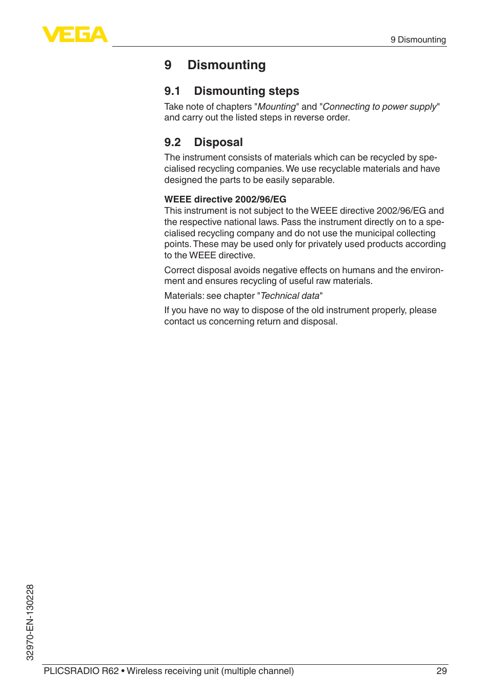 9 dismounting | VEGA PLICSRADIO R62 Wireless receiving unit User Manual | Page 29 / 40