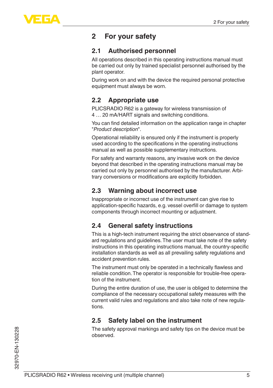 2 for your safety | VEGA PLICSRADIO R62 Wireless receiving unit User Manual | Page 5 / 40