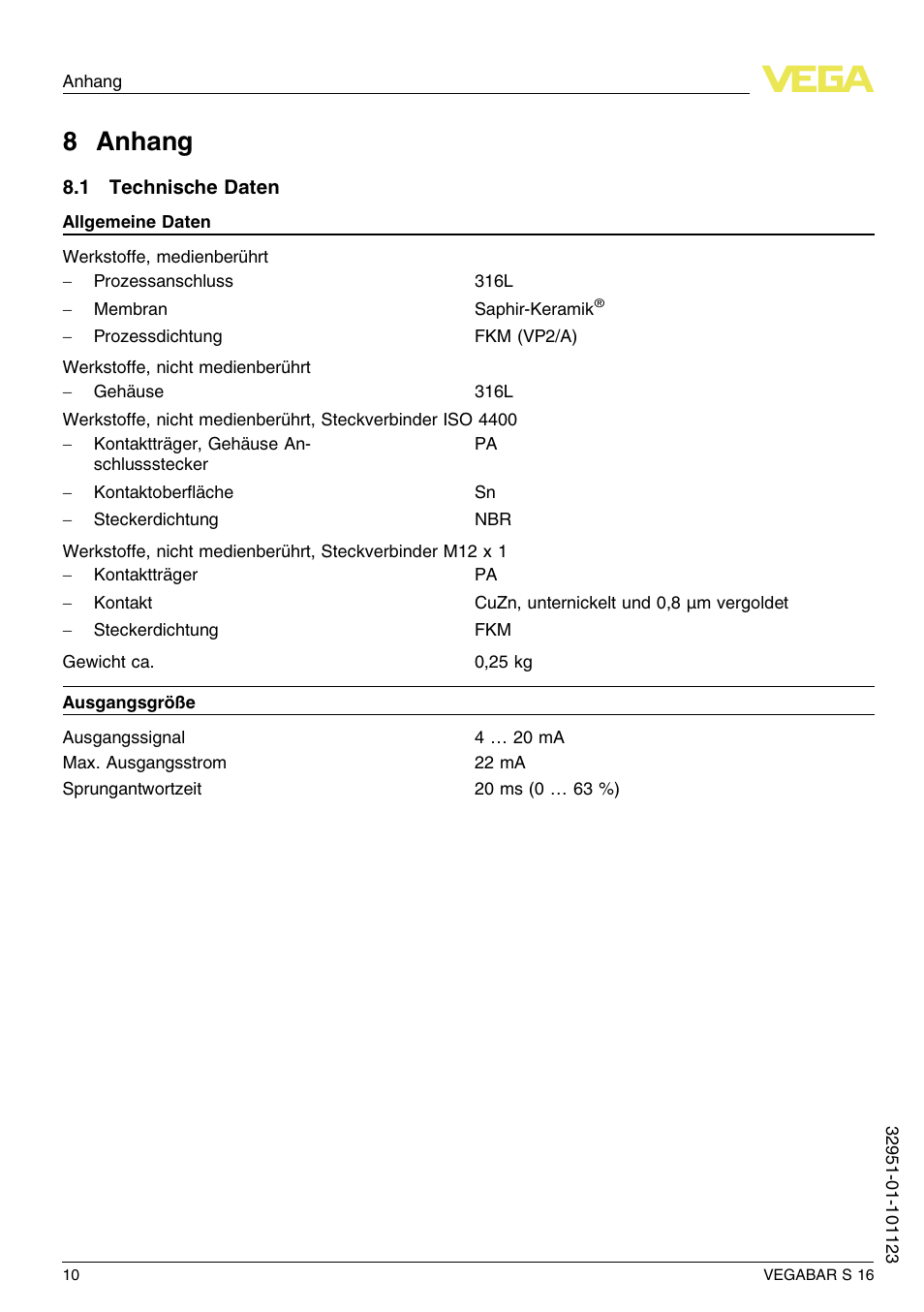 8 anhang, 1 technische daten, 8 a nhang | VEGA VEGABAR S 16 User Manual | Page 10 / 52
