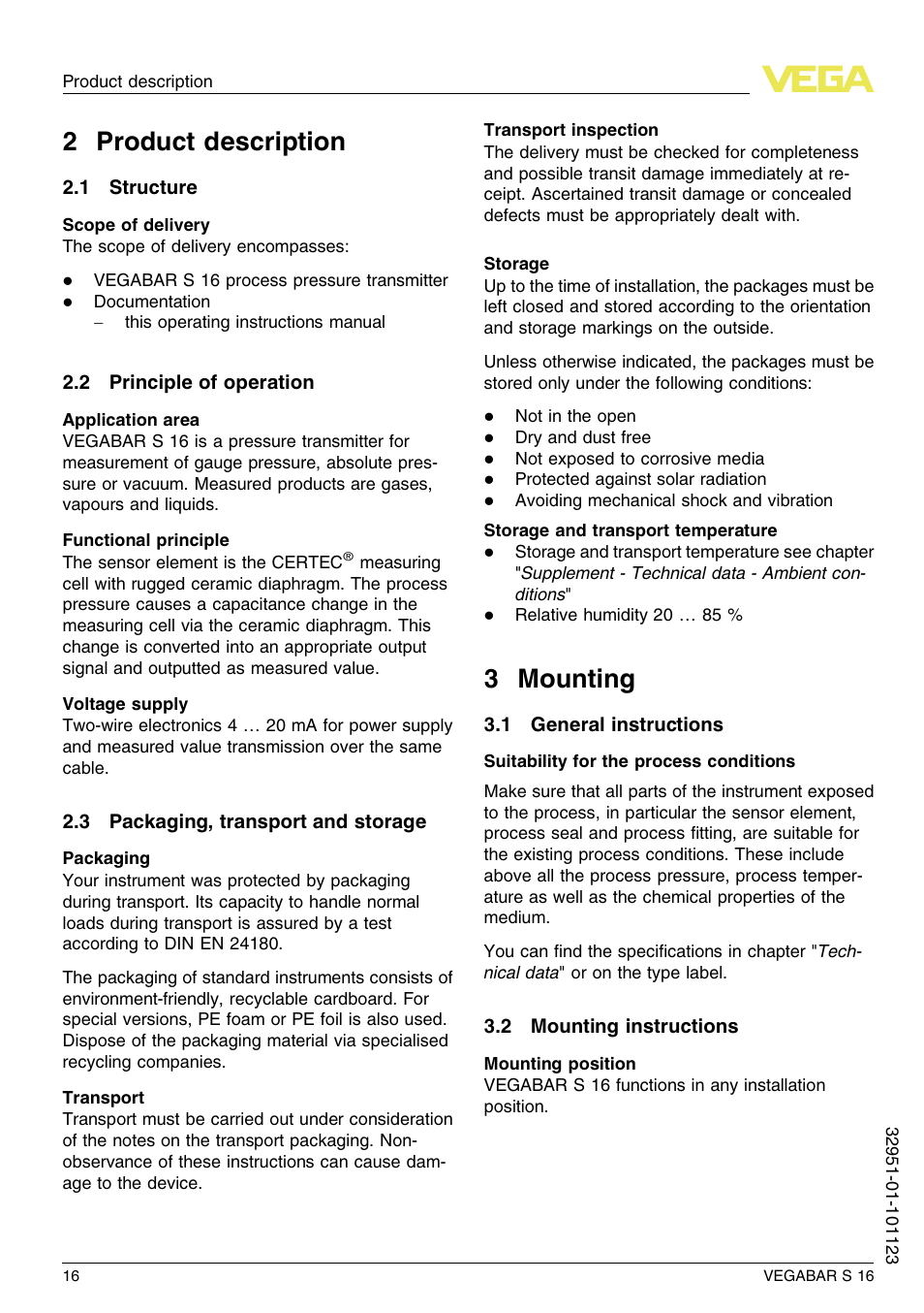 2 product description, 1 structure, 2 principle of operation | 3 packaging, transport and storage, 3 mounting, 1 general instructions, 2 mounting instructions, 2 p roduct description, 3 m ounting | VEGA VEGABAR S 16 User Manual | Page 16 / 52