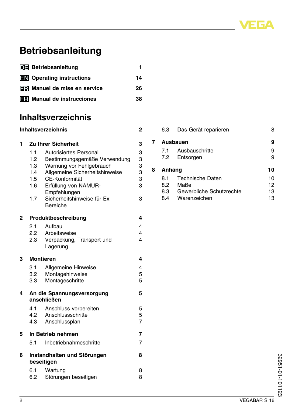 VEGA VEGABAR S 16 User Manual | Page 2 / 52