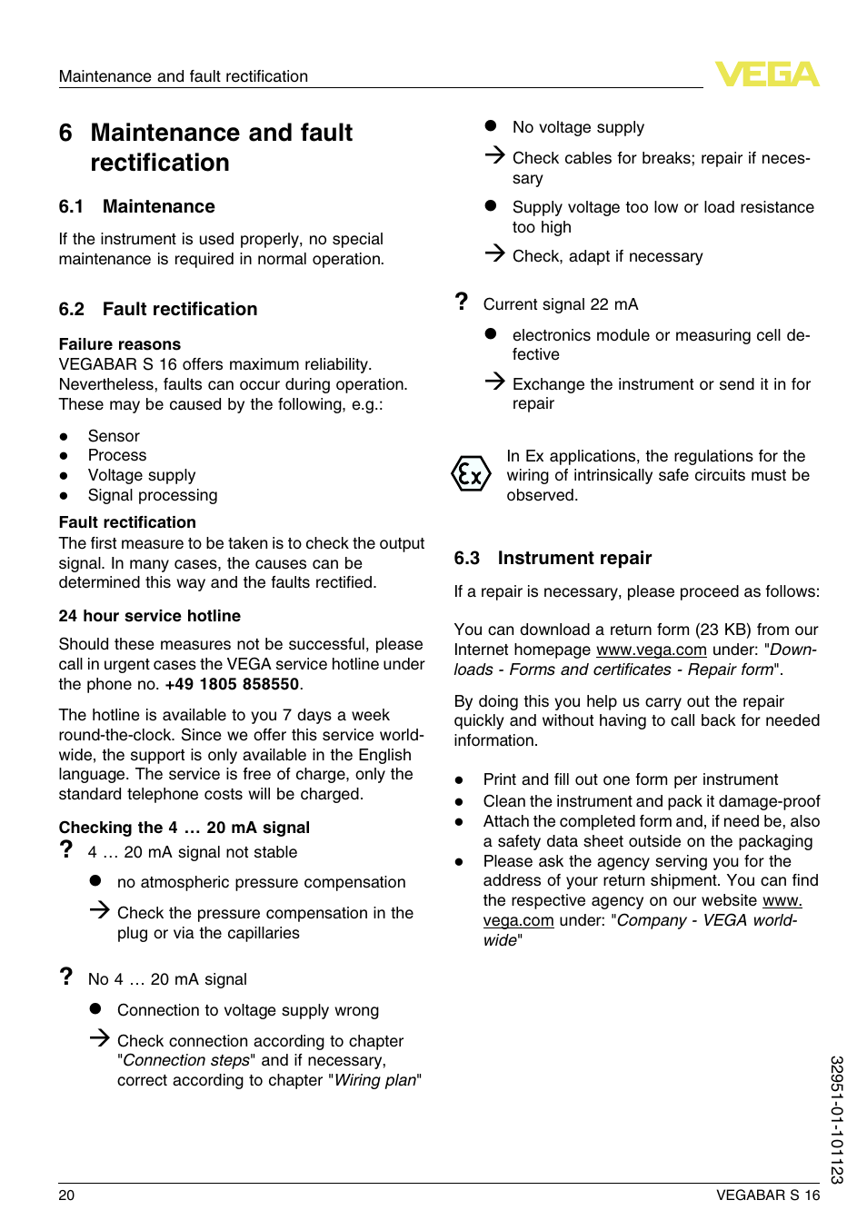 6 maintenance and fault rectification, 1 maintenance, 2 fault rectification | 3 instrument repair, 6 m aintenance and fault rectiﬁcation | VEGA VEGABAR S 16 User Manual | Page 20 / 52