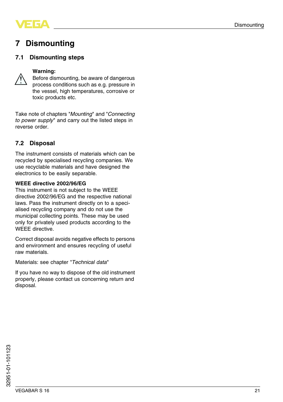 7 dismounting, 1 dismounting steps, 2 disposal | 7 d ismounting | VEGA VEGABAR S 16 User Manual | Page 21 / 52