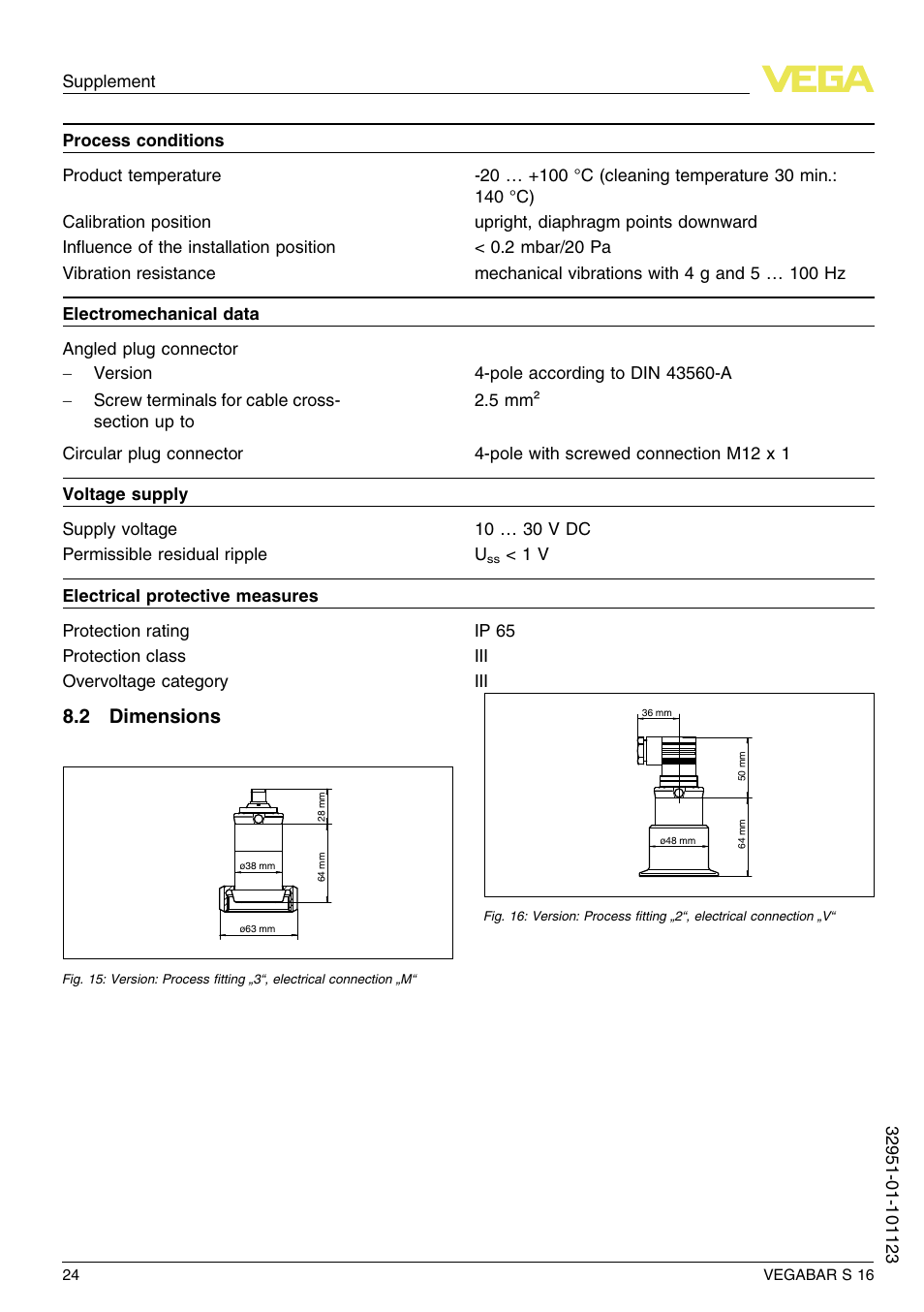 2 dimensions | VEGA VEGABAR S 16 User Manual | Page 24 / 52