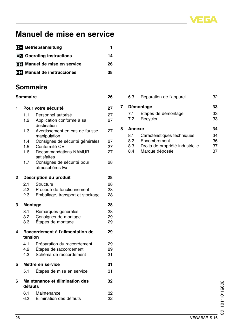 Sommaire, Manuel de mise en service | VEGA VEGABAR S 16 User Manual | Page 26 / 52