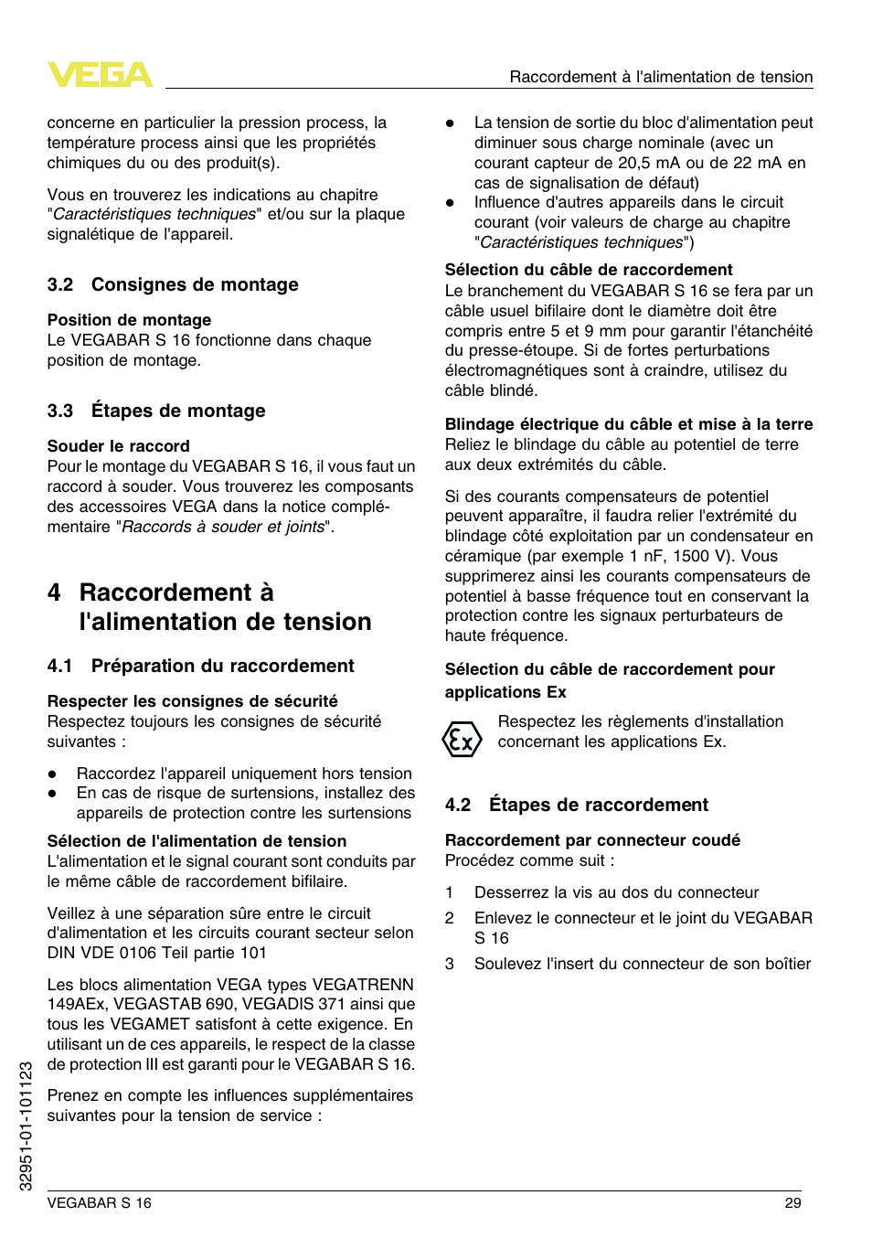 2 consignes de montage, 3 étapes de montage, 4 raccordement à l'alimentation de tension | 1 préparation du raccordement, 2 étapes de raccordement, 4 r accordement à l'alimentation de tension | VEGA VEGABAR S 16 User Manual | Page 29 / 52