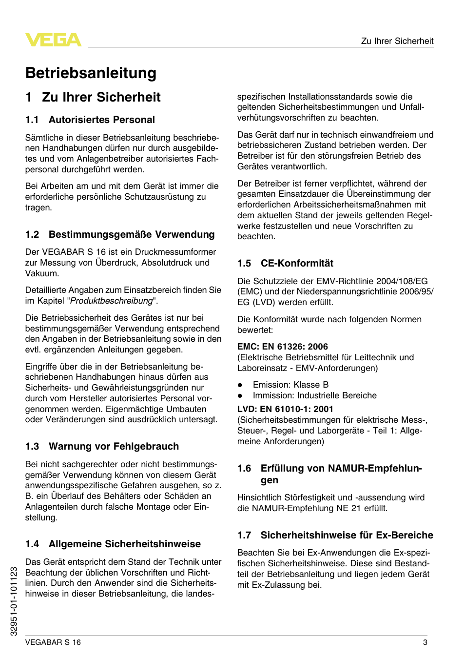 1 zu ihrer sicherheit, 1 autorisiertes personal, 2 bestimmungsgemäße verwendung | 3 warnung vor fehlgebrauch, 4 allgemeine sicherheitshinweise, 5 ce–konformität, 6 erfüllung von namur–empfehlungen, 7 sicherheitshinweise für ex–bereiche, Betriebsanleitung, 1 z u ihrer sicherheit | VEGA VEGABAR S 16 User Manual | Page 3 / 52