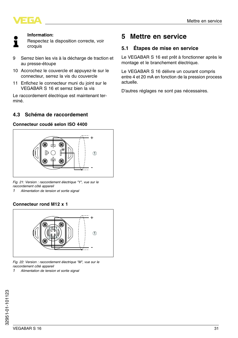 3 schéma de raccordement, 5 mettre en service, 1 étapes de mise en service | 5 m ettre en service | VEGA VEGABAR S 16 User Manual | Page 31 / 52