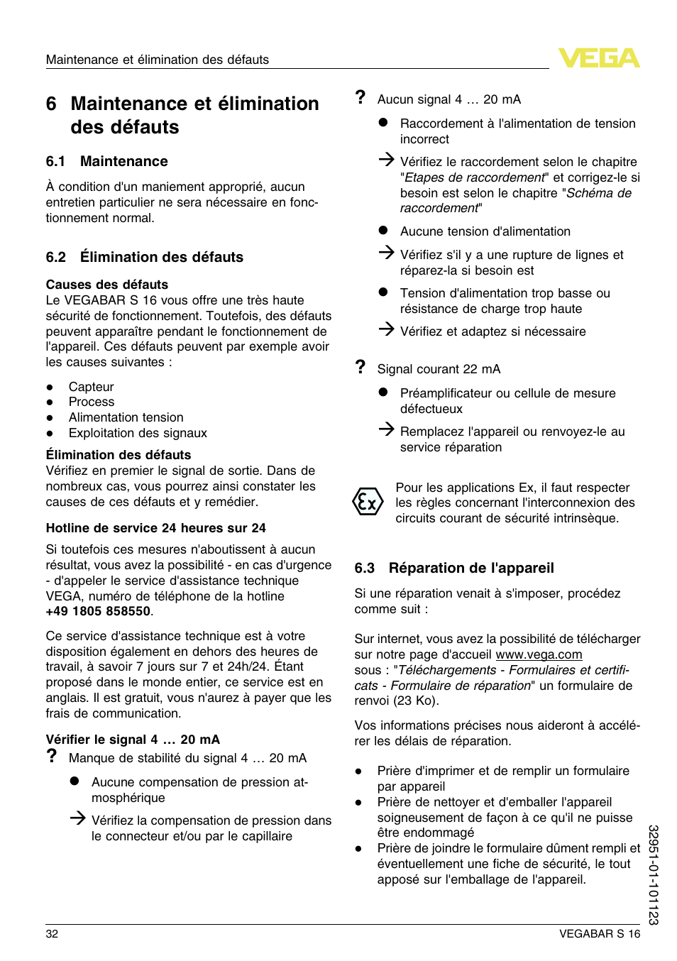 6 maintenance et élimination des défauts, 1 maintenance, 2 élimination des défauts | 3 réparation de l'appareil, 6 m aintenance et élimination des défauts | VEGA VEGABAR S 16 User Manual | Page 32 / 52