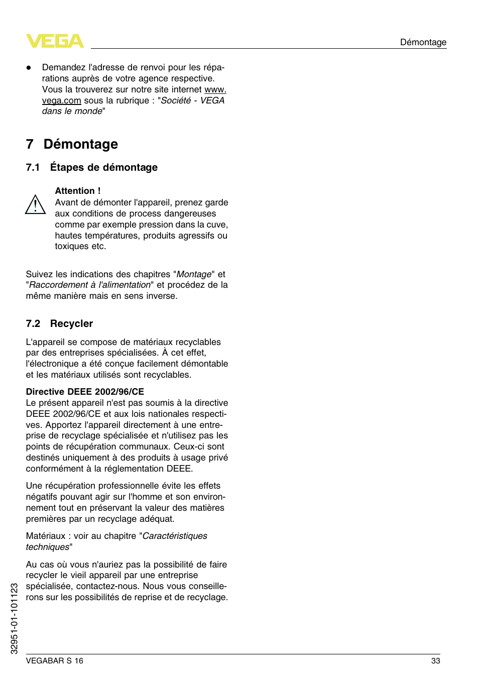 7 démontage, 1 étapes de démontage, 2 recycler | 7 d émontage | VEGA VEGABAR S 16 User Manual | Page 33 / 52