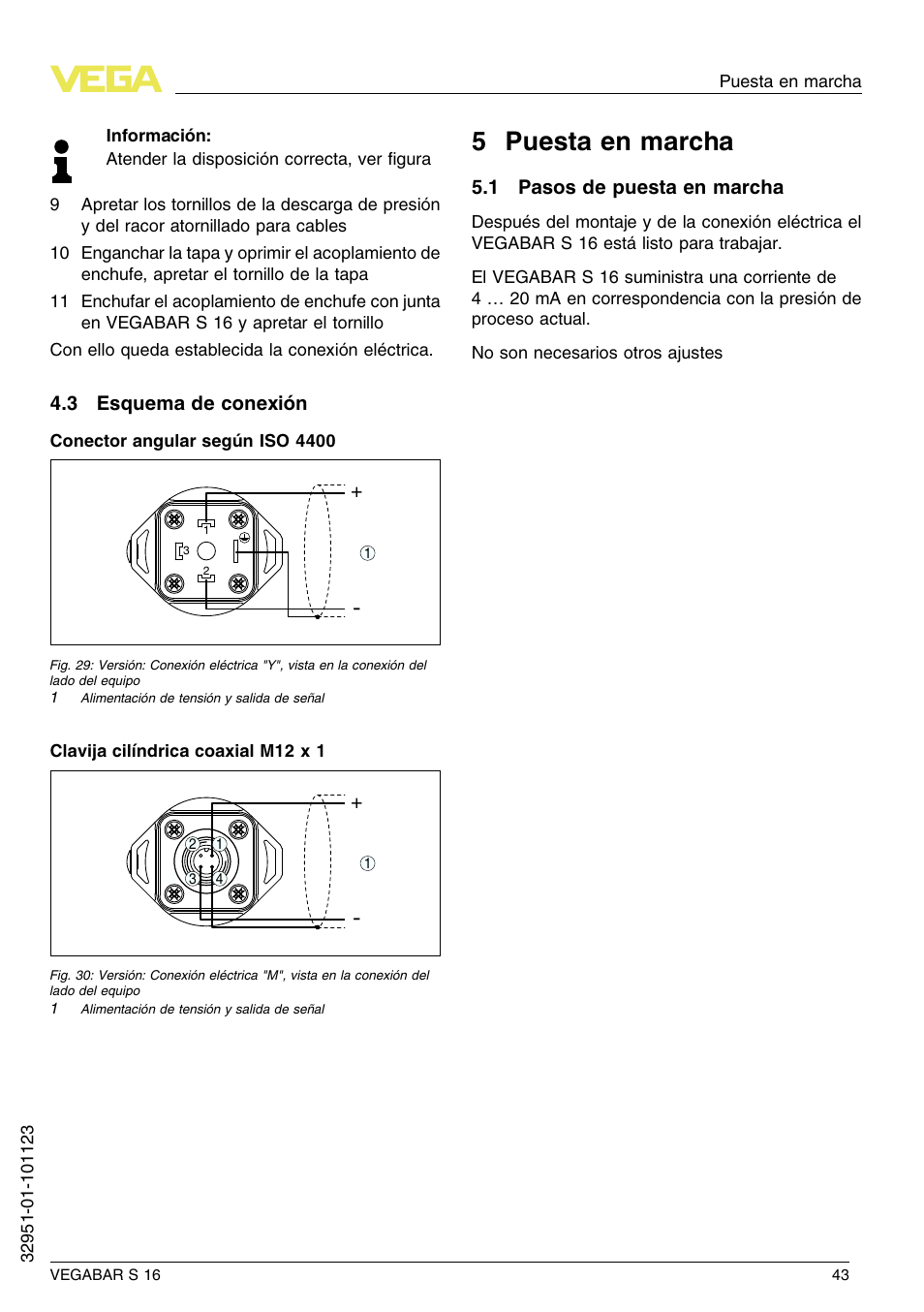 3 esquema de conexión, 5 puesta en marcha, 1 pasos de puesta en marcha | 5 p uesta en marcha | VEGA VEGABAR S 16 User Manual | Page 43 / 52