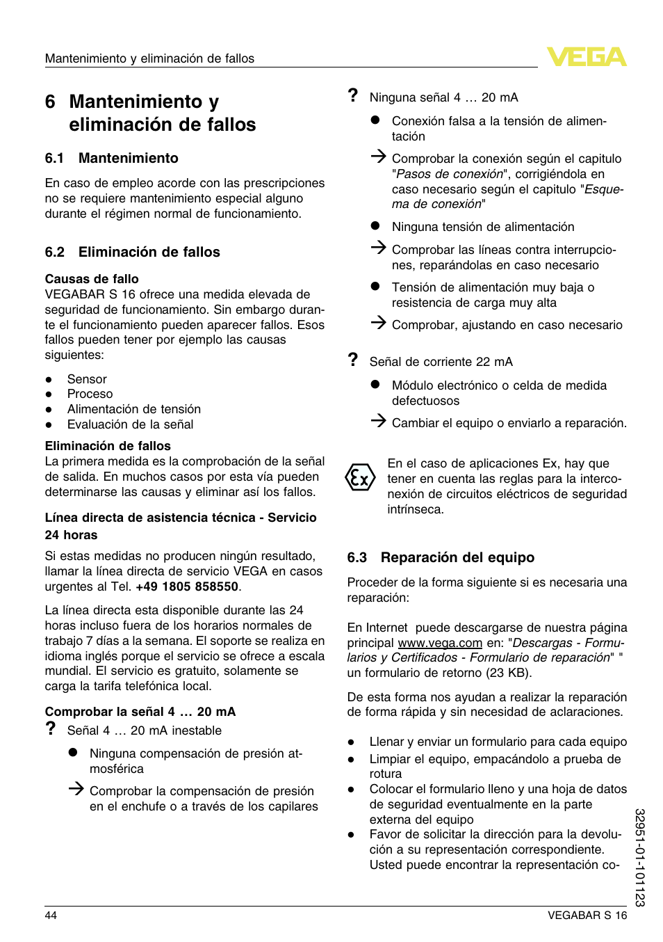 6 mantenimiento y eliminación de fallos, 1 mantenimiento, 2 eliminación de fallos | 3 reparación del equipo, 6 m antenimiento y eliminación de fallos | VEGA VEGABAR S 16 User Manual | Page 44 / 52