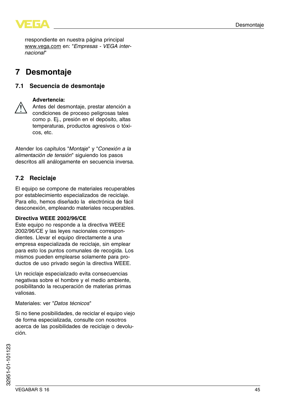 7 desmontaje, 1 secuencia de desmontaje, 2 reciclaje | 7 d esmontaje | VEGA VEGABAR S 16 User Manual | Page 45 / 52