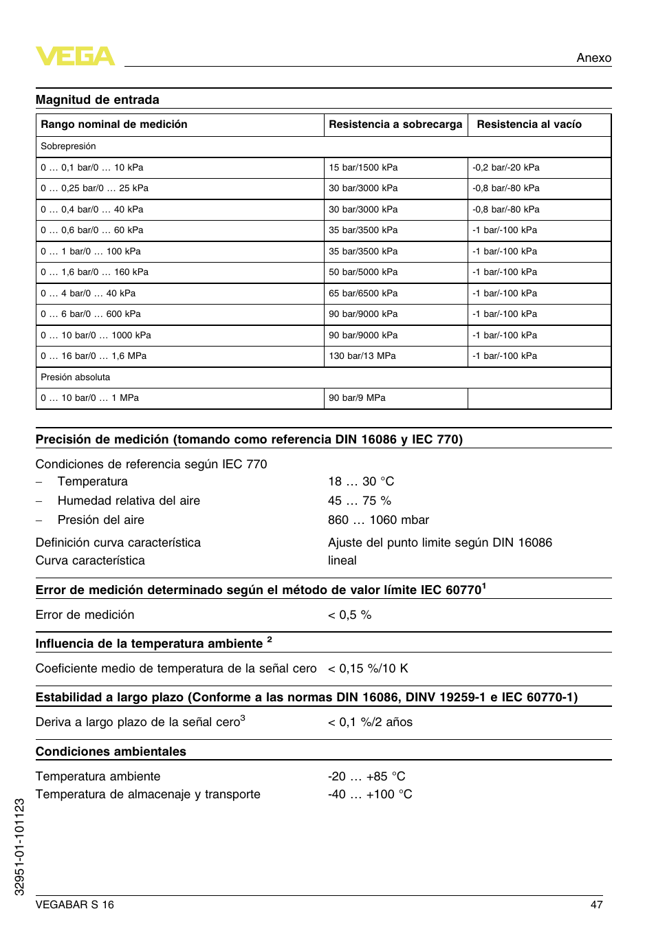 VEGA VEGABAR S 16 User Manual | Page 47 / 52