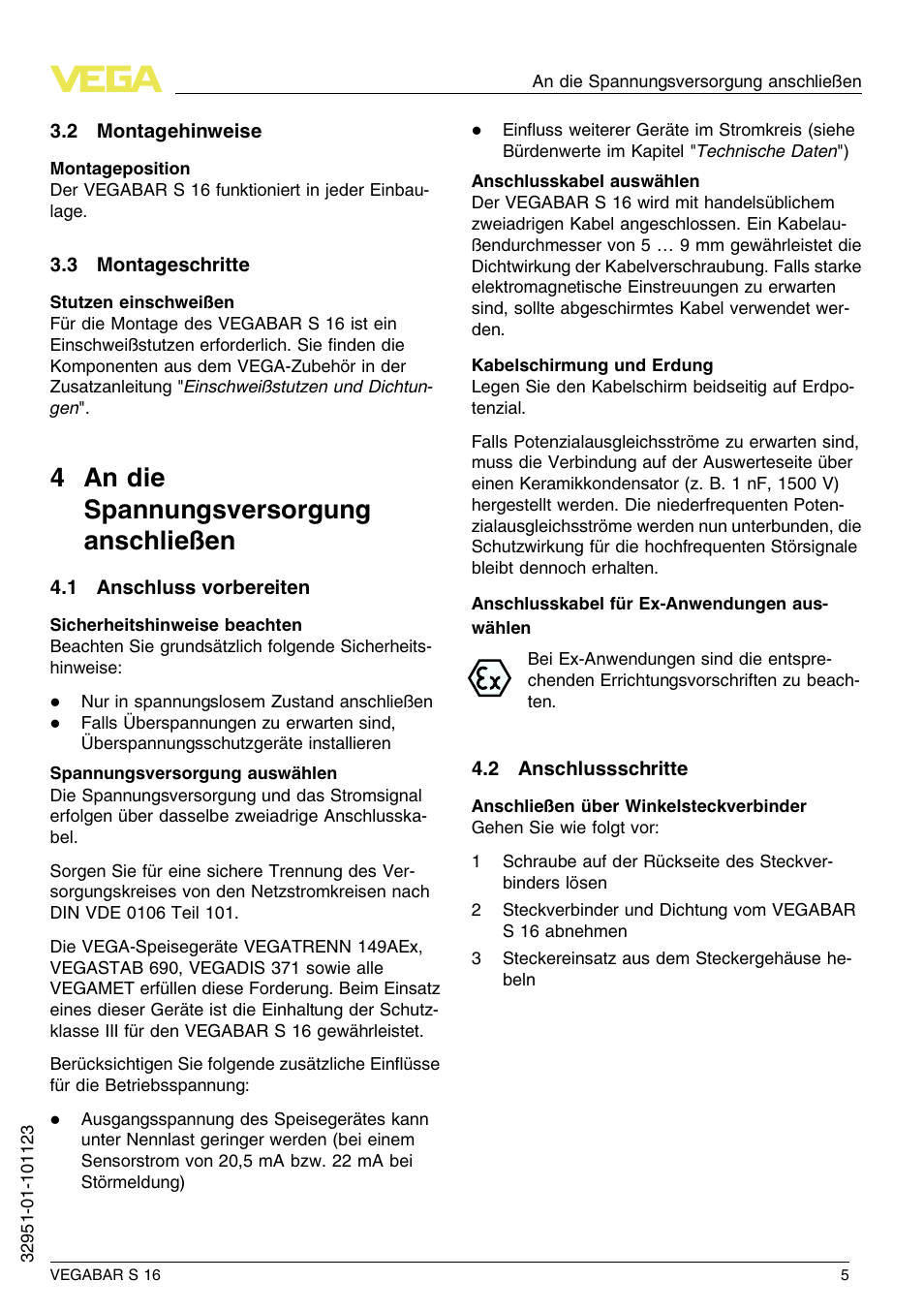 2 montagehinweise, 3 montageschritte, 4 an die spannungsversorgung anschließen | 1 anschluss vorbereiten, 2 anschlussschritte, 4 a n die spannungsversorgung anschließen | VEGA VEGABAR S 16 User Manual | Page 5 / 52