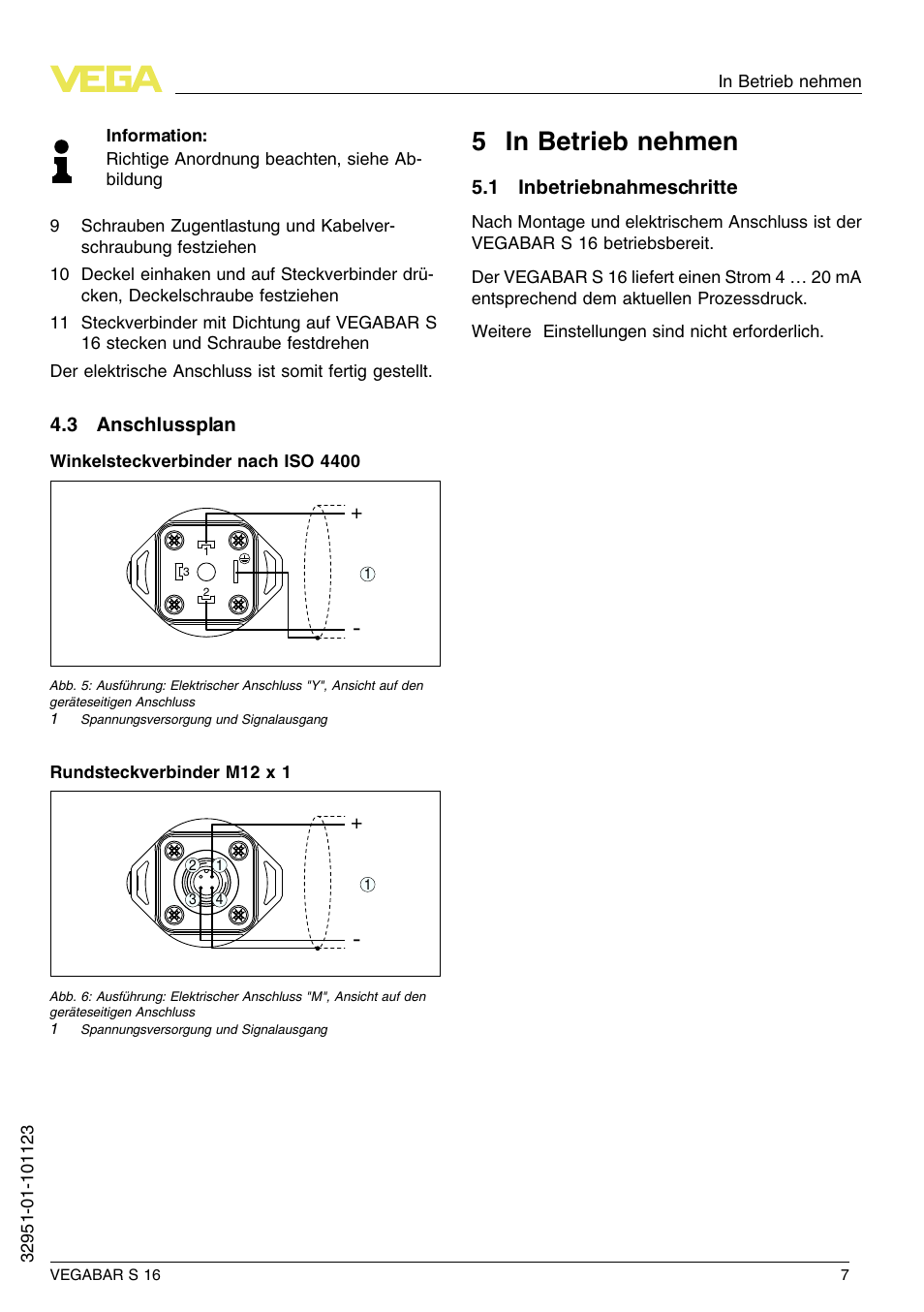 3 anschlussplan, 5 in betrieb nehmen, 1 inbetriebnahmeschritte | 5 i n betrieb nehmen | VEGA VEGABAR S 16 User Manual | Page 7 / 52