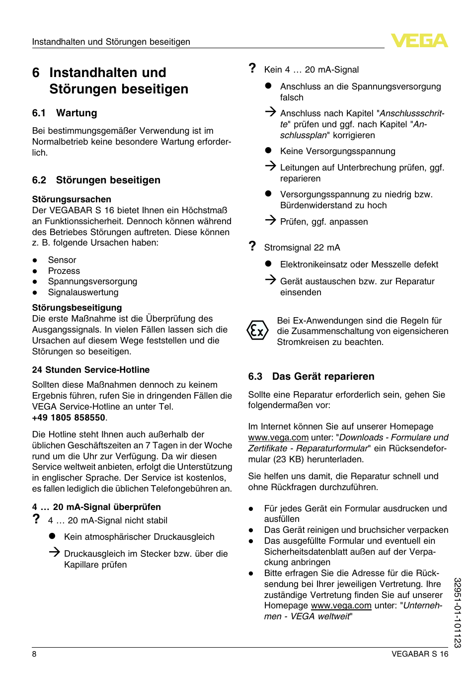 6 instandhalten und störungen beseitigen, 1 wartung, 2 störungen beseitigen | 3 das gerät reparieren, 6 i nstandhalten und störungen beseitigen | VEGA VEGABAR S 16 User Manual | Page 8 / 52