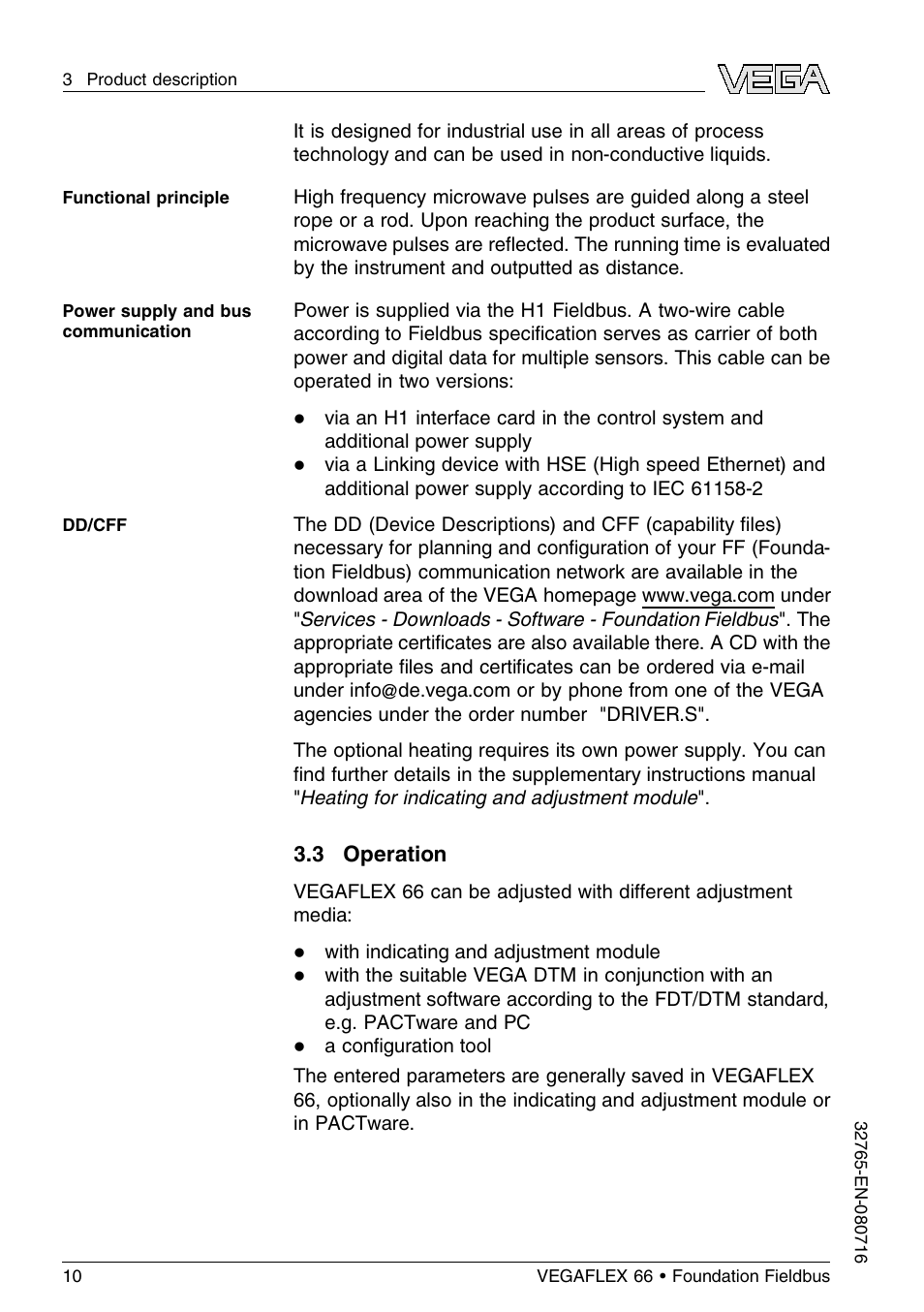3 operation | VEGA VEGAFLEX 66 (-110…+400°C) Foundation Fieldbus User Manual | Page 10 / 64