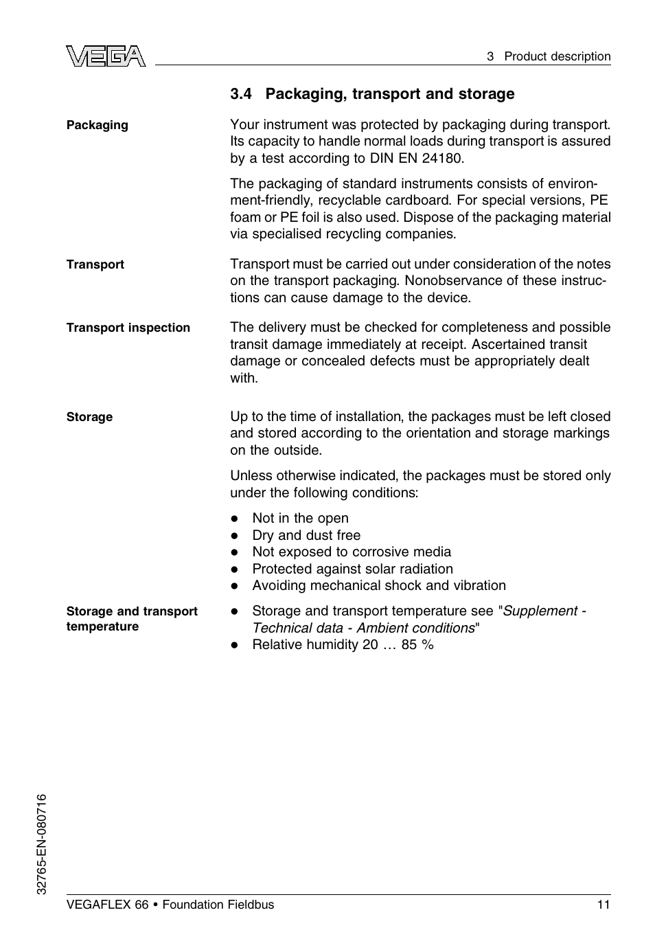 4 packaging, transport and storage | VEGA VEGAFLEX 66 (-110…+400°C) Foundation Fieldbus User Manual | Page 11 / 64