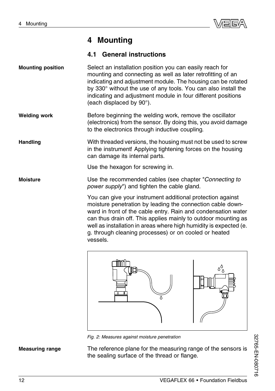 4 mounting, 1 general instructions | VEGA VEGAFLEX 66 (-110…+400°C) Foundation Fieldbus User Manual | Page 12 / 64