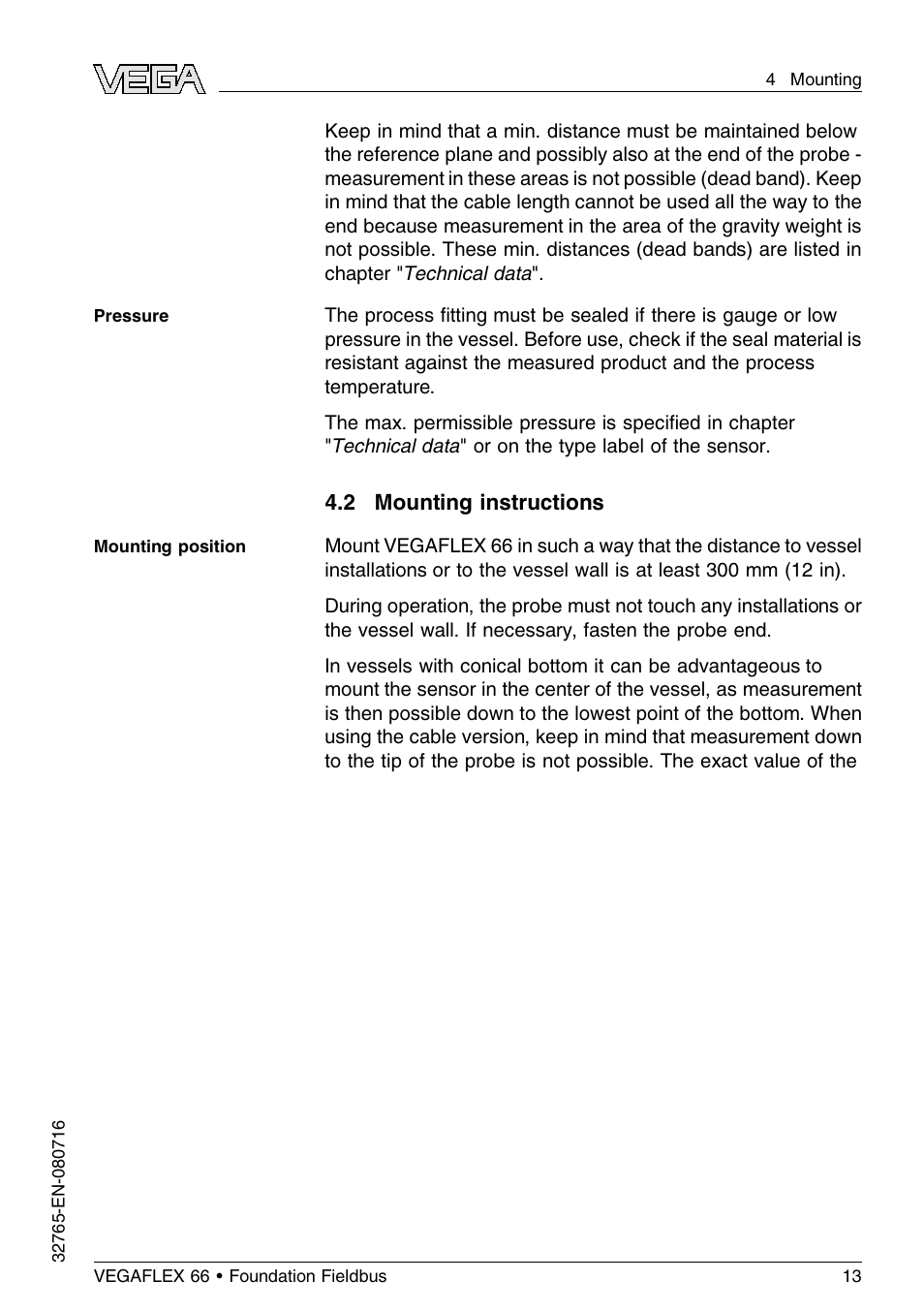2 mounting instructions | VEGA VEGAFLEX 66 (-110…+400°C) Foundation Fieldbus User Manual | Page 13 / 64