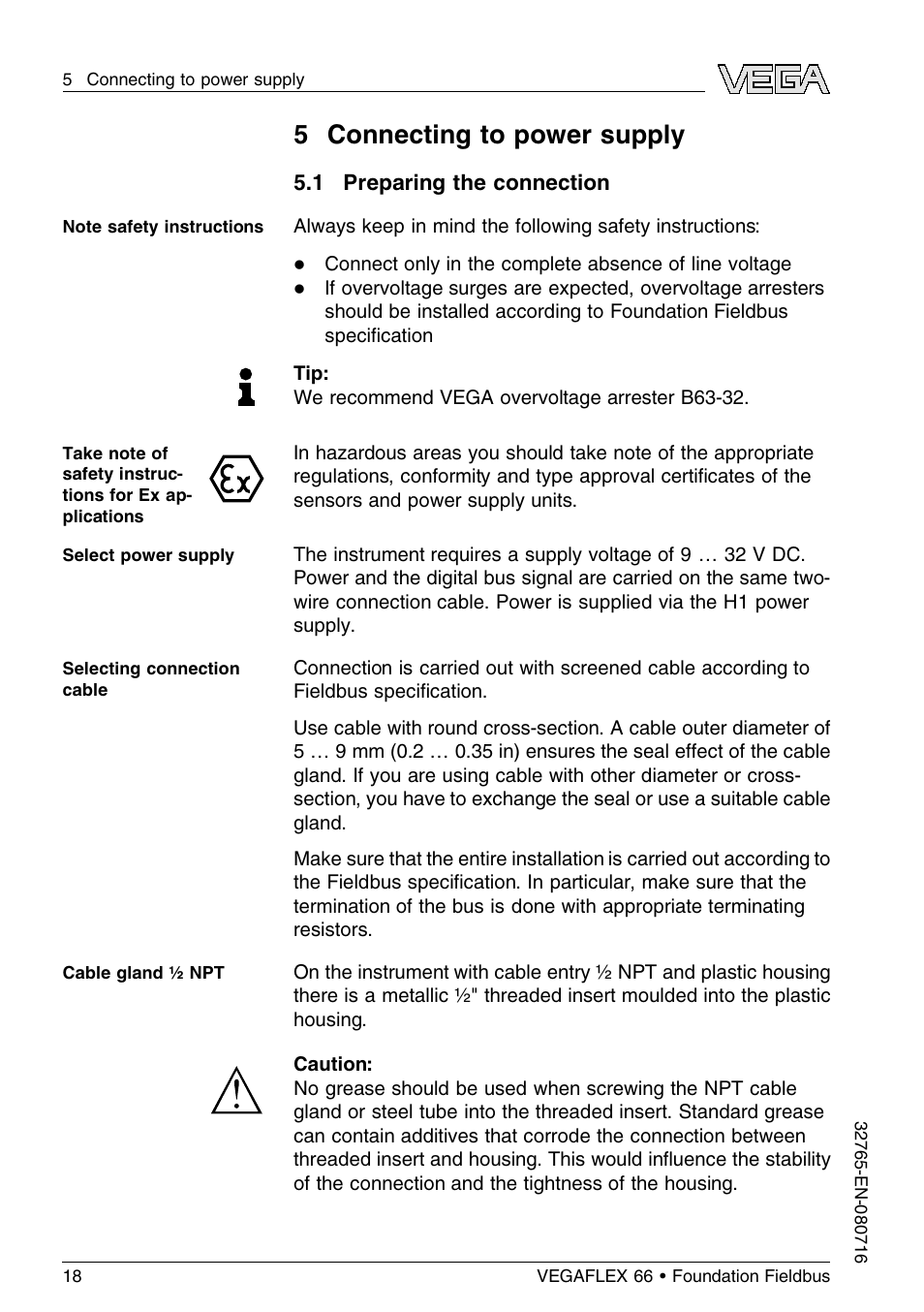 5 connecting to power supply, 1 preparing the connection | VEGA VEGAFLEX 66 (-110…+400°C) Foundation Fieldbus User Manual | Page 18 / 64