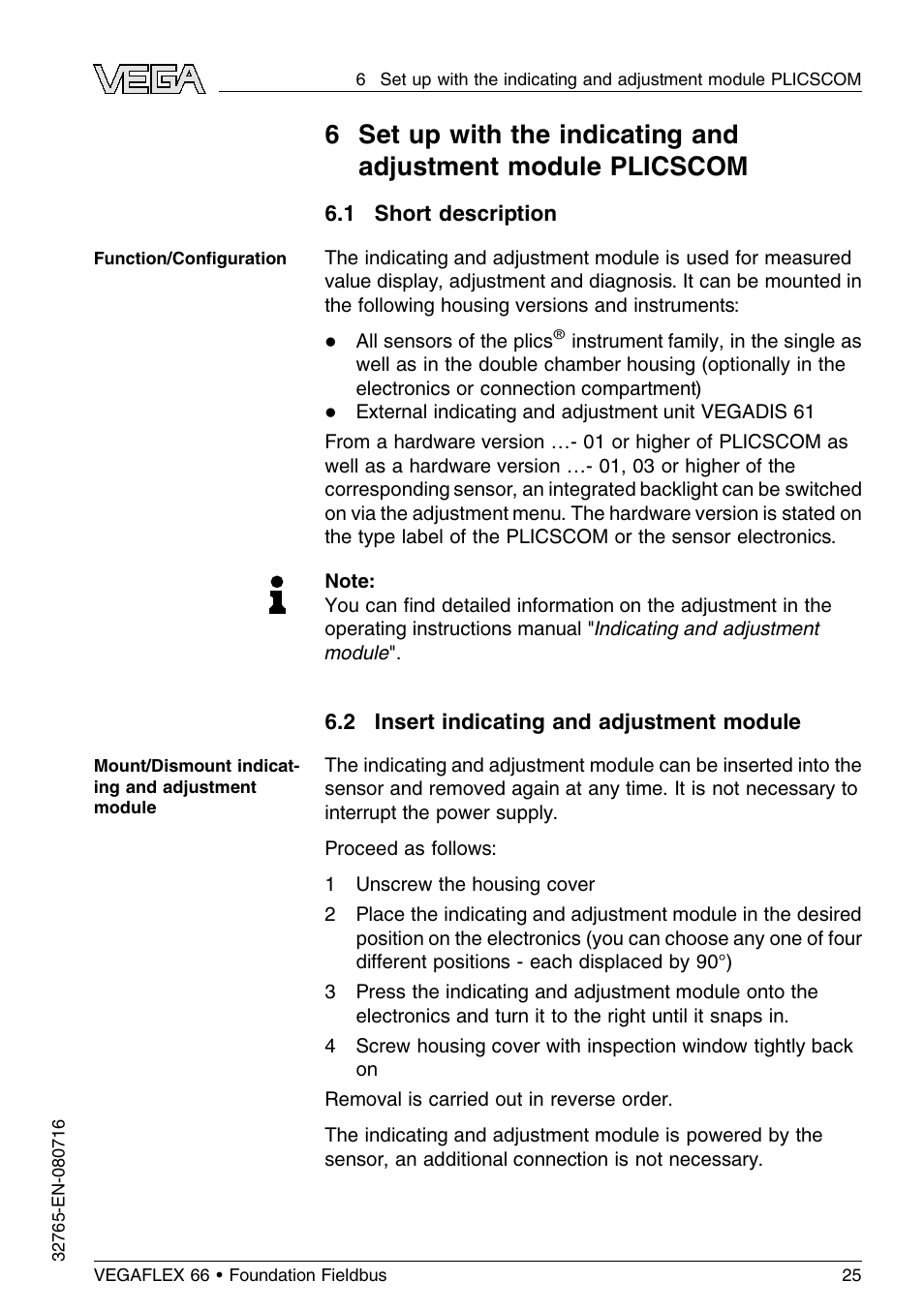 1 short description, 2 insert indicating and adjustment module | VEGA VEGAFLEX 66 (-110…+400°C) Foundation Fieldbus User Manual | Page 25 / 64