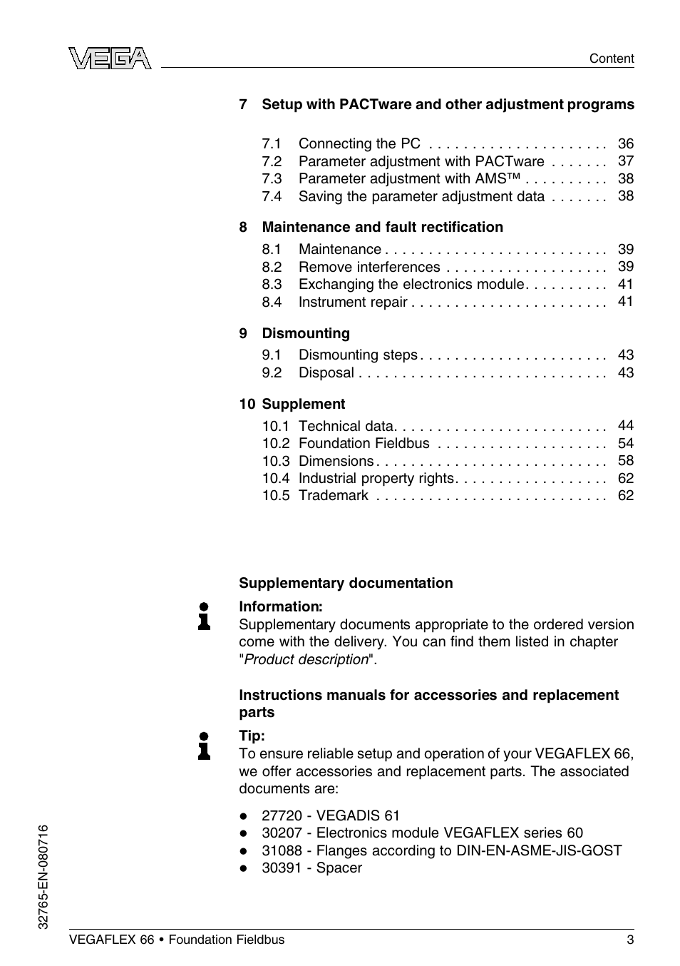 VEGA VEGAFLEX 66 (-110…+400°C) Foundation Fieldbus User Manual | Page 3 / 64