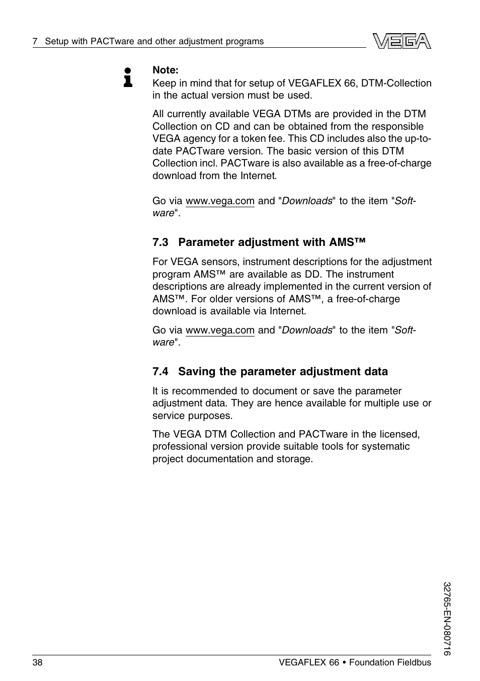 3 parameter adjustment with ams, 4 saving the parameter adjustment data | VEGA VEGAFLEX 66 (-110…+400°C) Foundation Fieldbus User Manual | Page 38 / 64