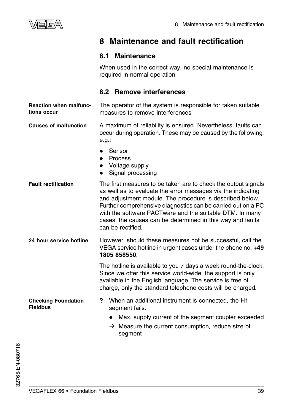 8 maintenance and fault rectification, 1 maintenance, 2 remove interferences | 8 maintenance and fault rectiﬁcation | VEGA VEGAFLEX 66 (-110…+400°C) Foundation Fieldbus User Manual | Page 39 / 64