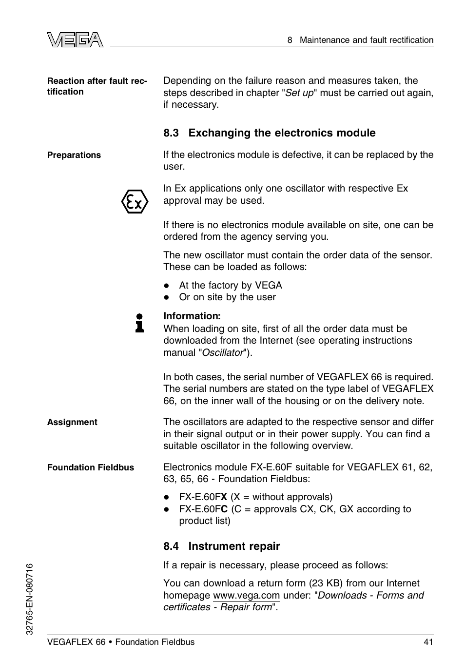 3 exchanging the electronics module, 4 instrument repair | VEGA VEGAFLEX 66 (-110…+400°C) Foundation Fieldbus User Manual | Page 41 / 64