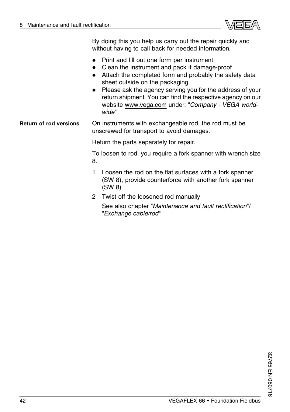 VEGA VEGAFLEX 66 (-110…+400°C) Foundation Fieldbus User Manual | Page 42 / 64