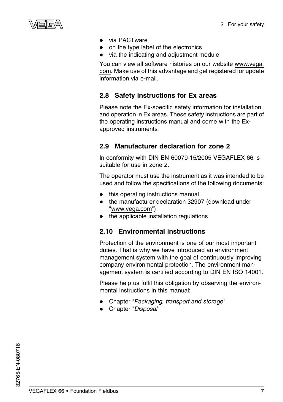 8 safety instructions for ex areas, 9 manufacturer declaration for zone 2, 10 environmental instructions | VEGA VEGAFLEX 66 (-110…+400°C) Foundation Fieldbus User Manual | Page 7 / 64