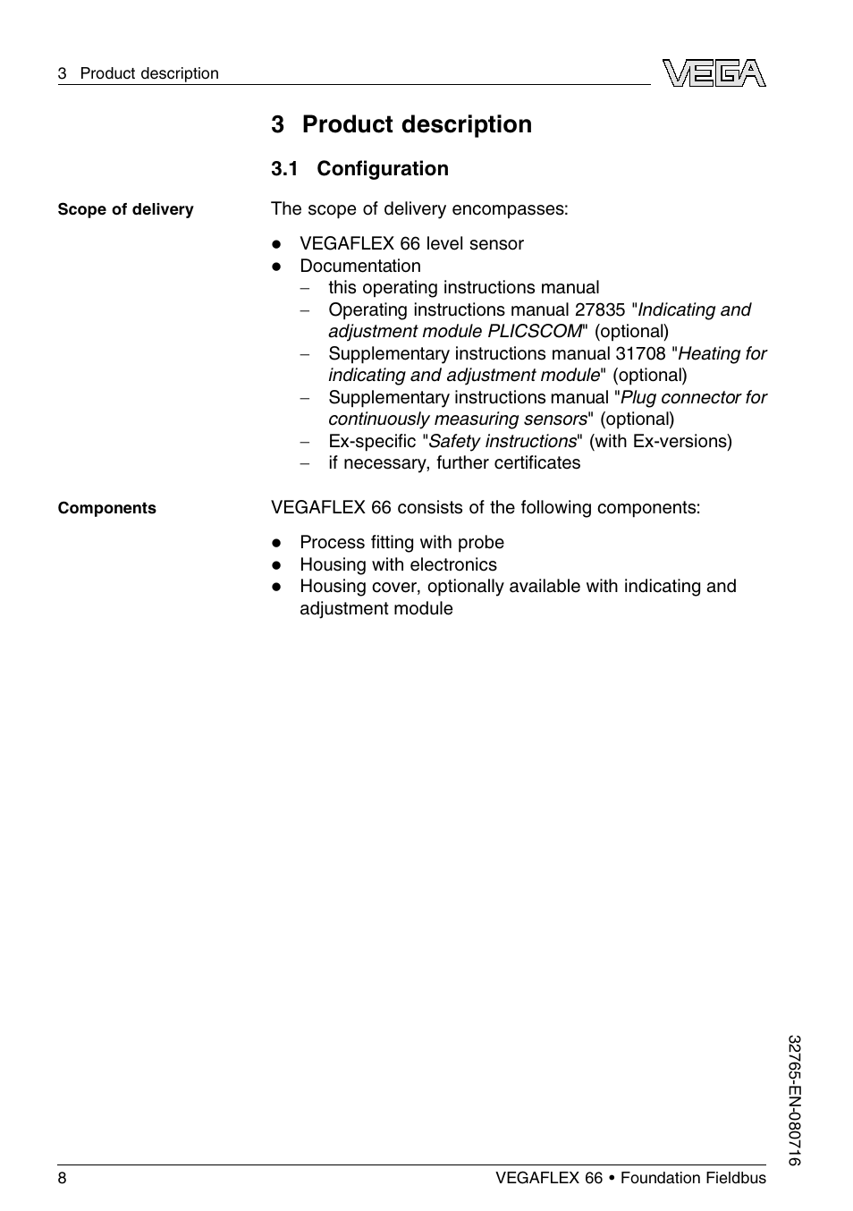 3 product description, 1 configuration | VEGA VEGAFLEX 66 (-110…+400°C) Foundation Fieldbus User Manual | Page 8 / 64