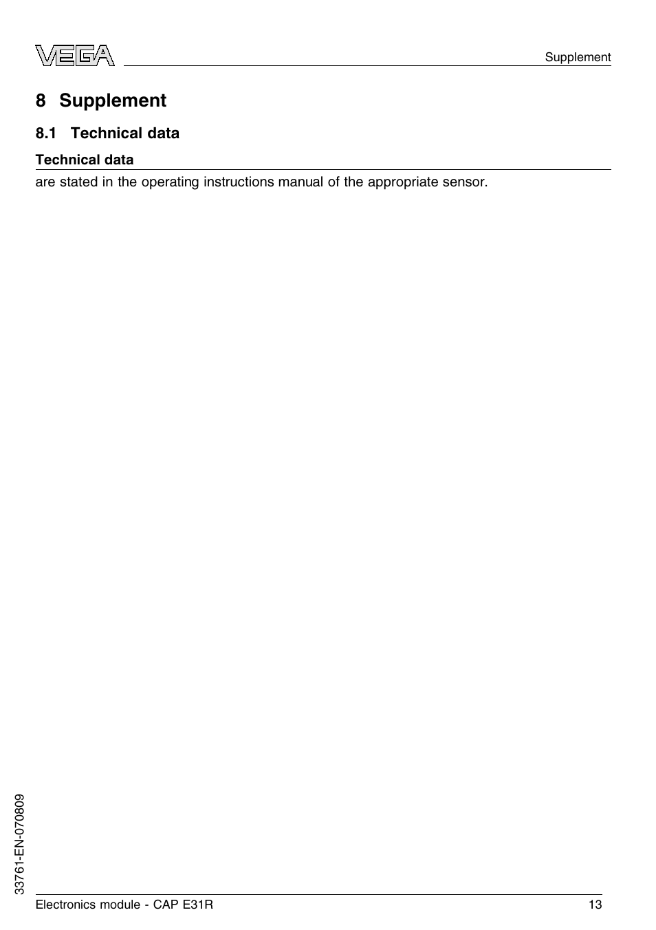 8 supplement, 1 technical data, 8 s upplement | VEGA CAP E31R User Manual | Page 13 / 16