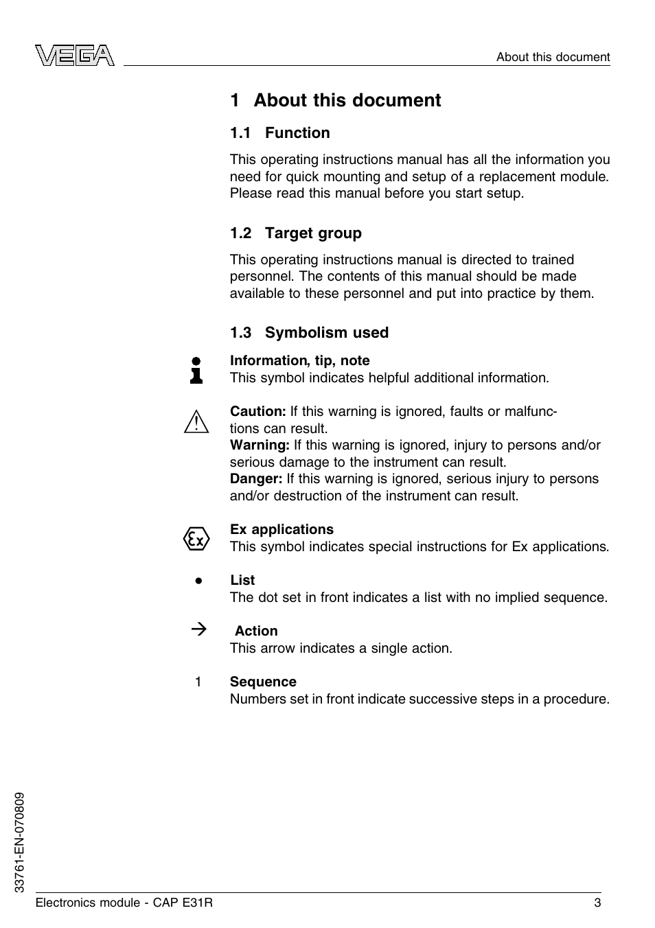 1 about this document, 1 function, 2 target group | 3 symbolism used, 1 a bout this document | VEGA CAP E31R User Manual | Page 3 / 16