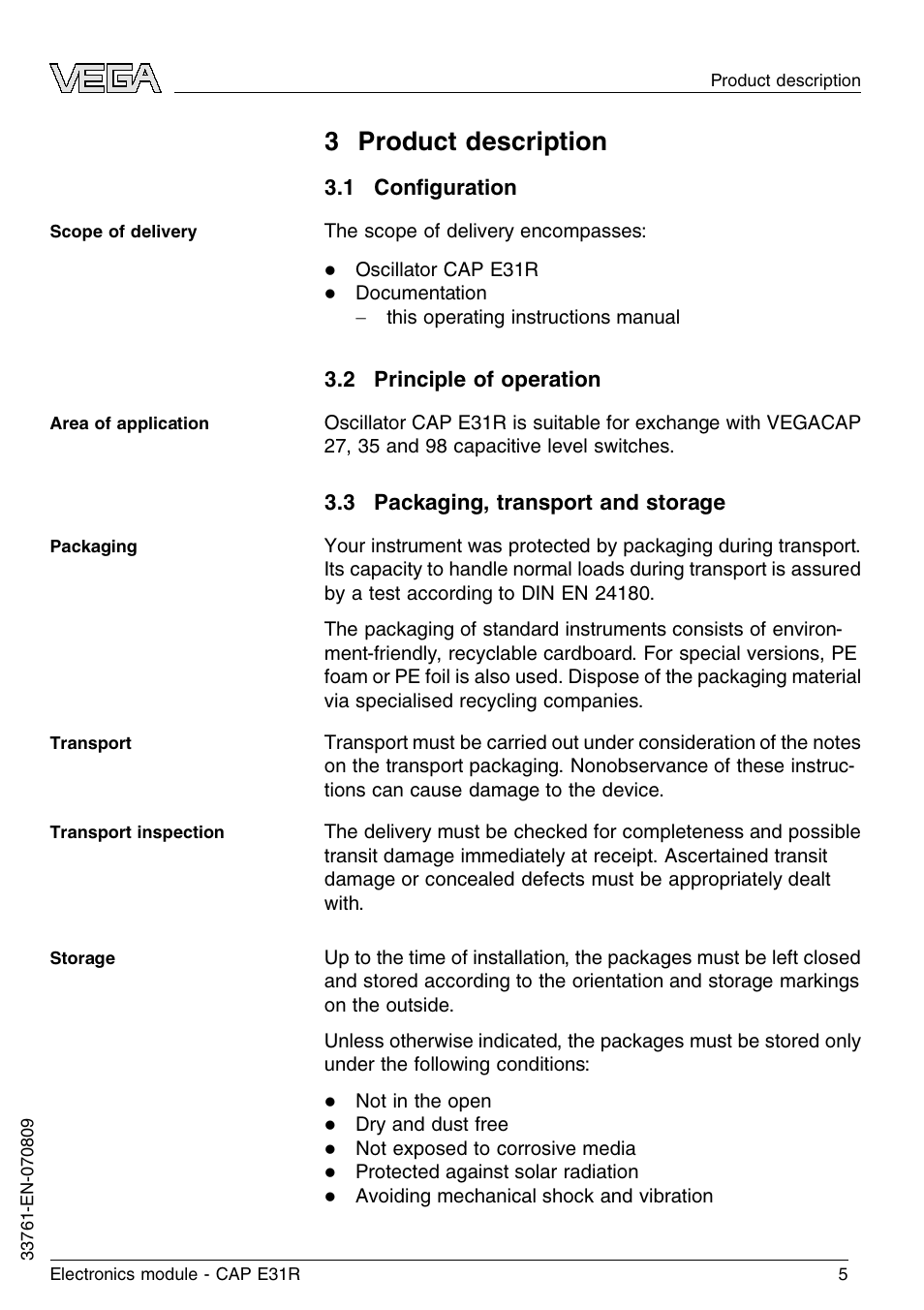 3 product description, 1 configuration, 2 principle of operation | 3 packaging, transport and storage, 3 p roduct description | VEGA CAP E31R User Manual | Page 5 / 16