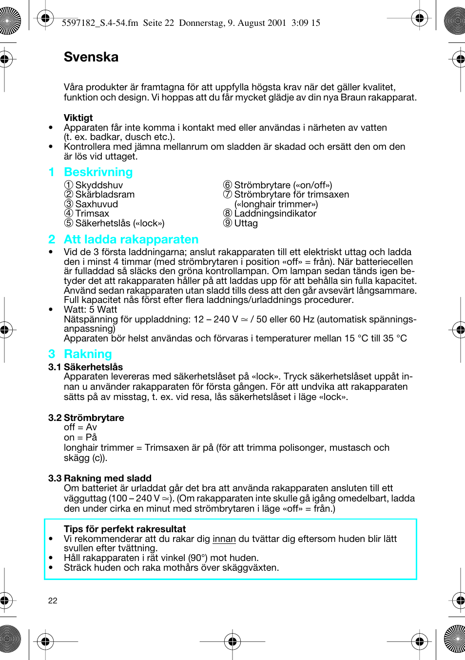 Svenska, 1 beskrivning 1, 2 att ladda rakapparaten | 3 rakning | Braun 1507 User Manual | Page 22 / 52
