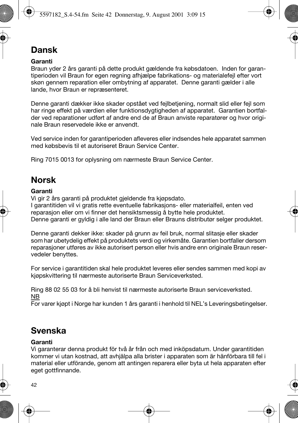 Dansk, Norsk, Svenska | Braun 1507 User Manual | Page 42 / 52