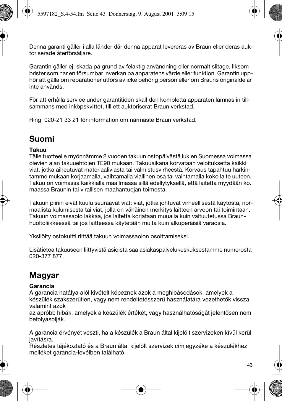 Suomi, Magyar | Braun 1507 User Manual | Page 43 / 52